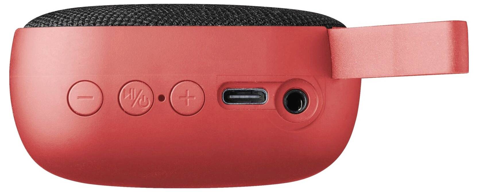 Tragbarer roter Lautsprecher, Seitenansicht, zeigt Lautstärkeregler, Stromsymbol, USB-C-Anschluss und Audiobuchse. Schwarzes Lautsprechergitter oben.