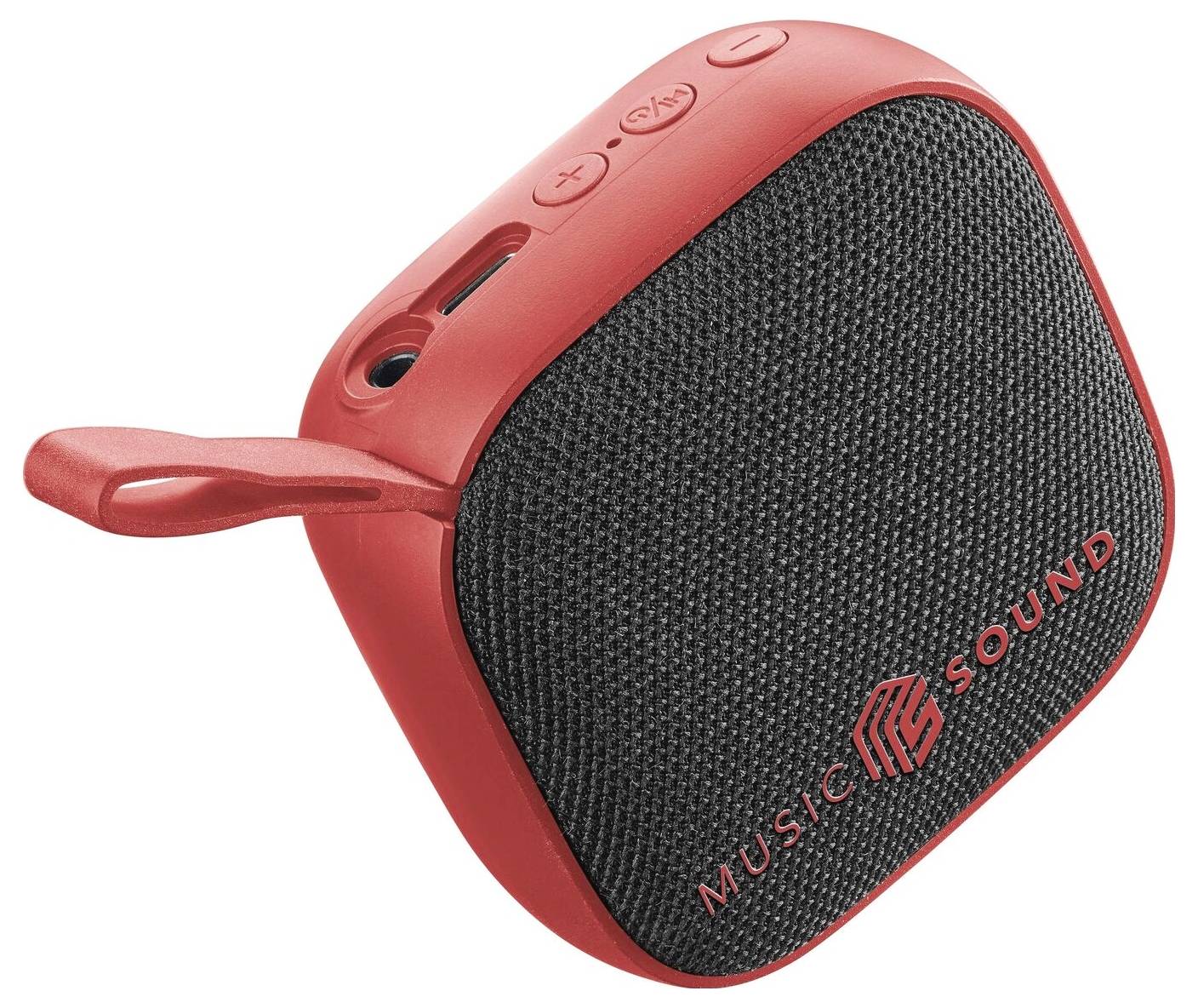 Roter tragbarer kabelloser Lautsprecher mit schwarzem Meshgewebe vorne, mit Lautstärke- und Netztasten oben und einer Trageöse an der Seite.