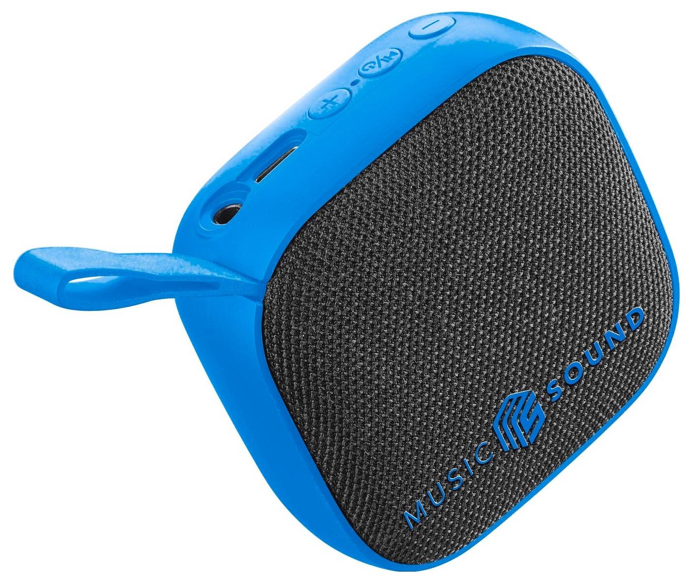 Ein kompakter, quadratisch geformter tragbarer Lautsprecher mit blauen Kanten und Steuertasten auf der Oberseite, mit einem schwarzen Gitter und der Beschriftung 