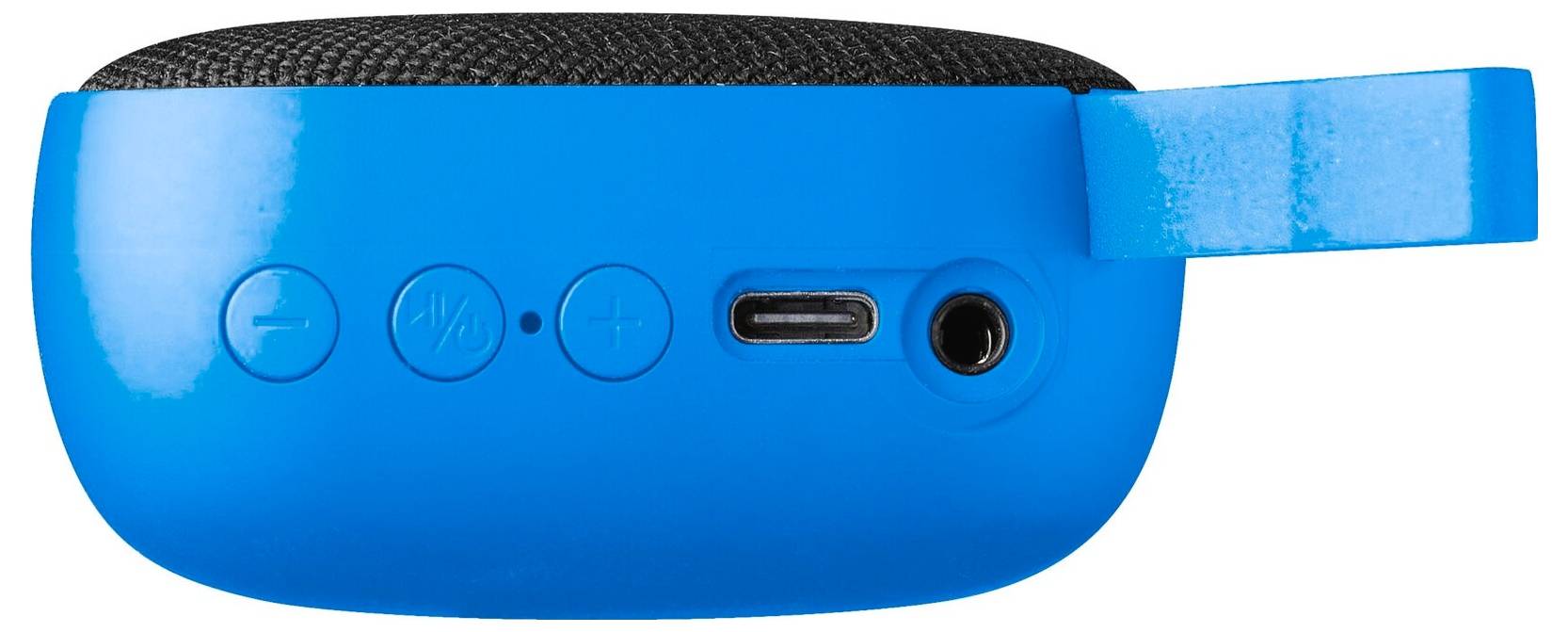 Ein blauer tragbarer Lautsprecher mit Lautstärkereglern, einem USB-C-Ladeanschluss und einer Audiobuchse an der Seite, ausgestattet mit einer Stoffschlaufe zum einfachen Tragen.
