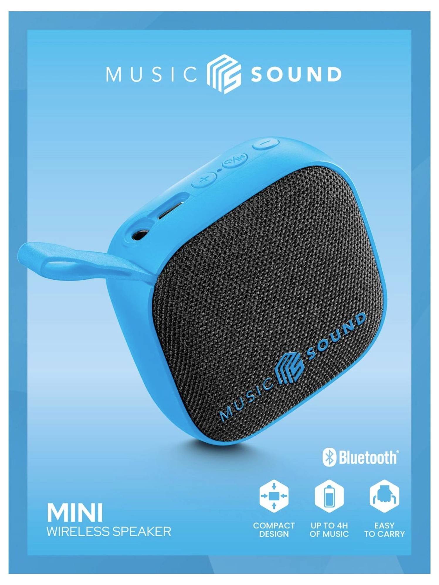 Ein blauer tragbarer Bluetooth-Lautsprecher mit der Bezeichnung „Music Sound