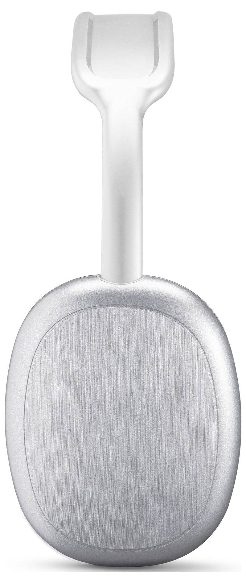 Silberne Over-Ear-Kopfhörer mit einem eleganten Metall- und Stoffdesign, die vertikal aufgestellt sind.