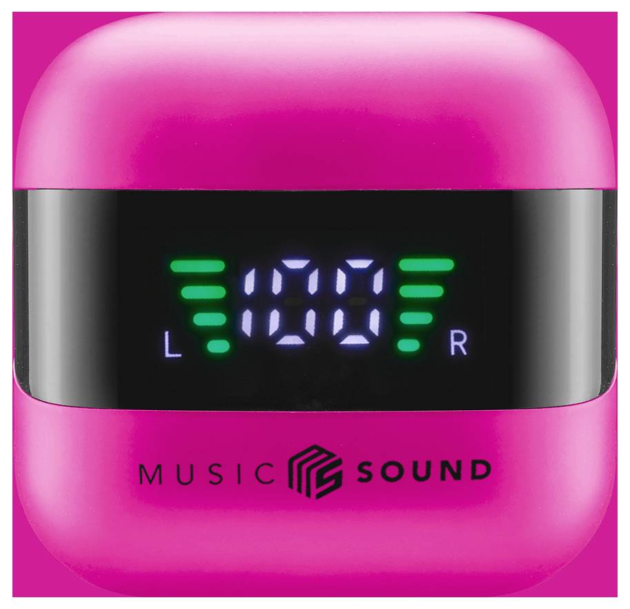 Ein rosa, abgerundeter Lautsprecherdisplay zeigt '100' in grünen digitalen Zahlen zwischen 'L' und 'R', mit grünen Lautstärkeanzeigen. Der Markentext lautet 'MUSIC SOUND'.