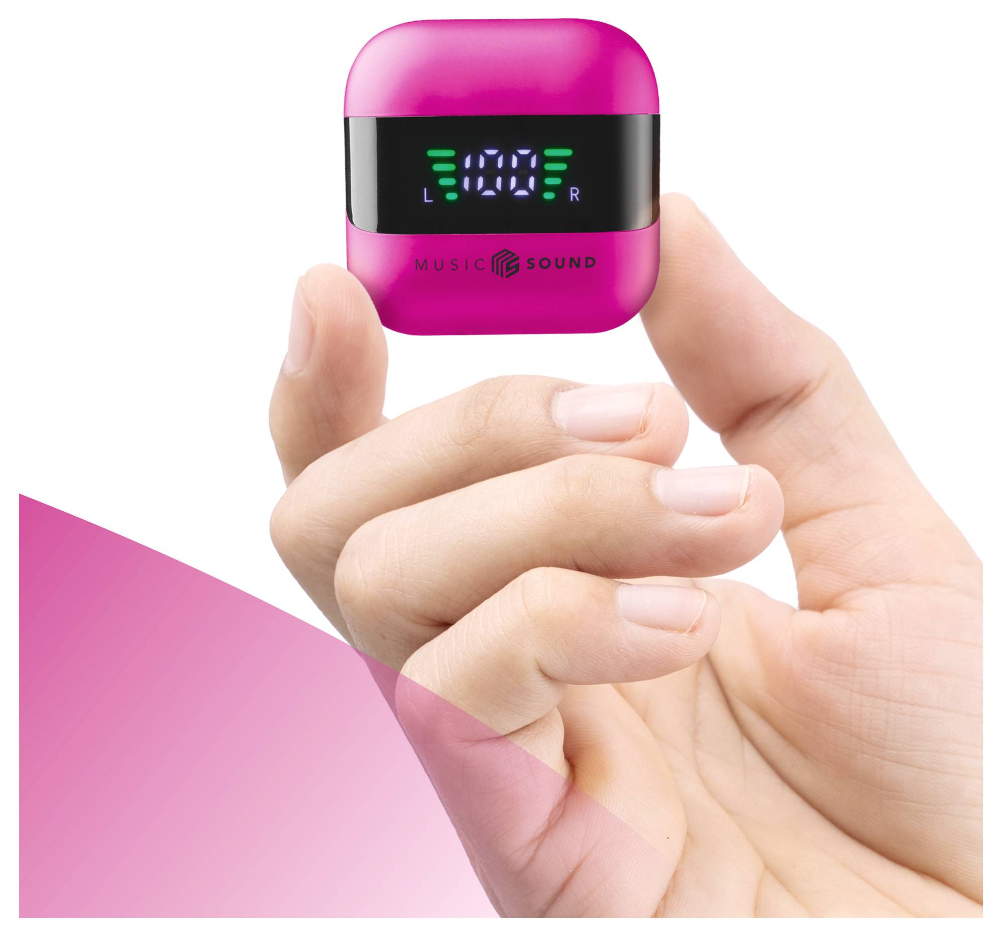 Eine Hand hält ein kleines, rosa Gerät mit einer digitalen Anzeige, die Zahlen und 'L' und 'R' zeigt und Soundpegel darstellt. Der Text liest sich 'MUSIK SOUND'.