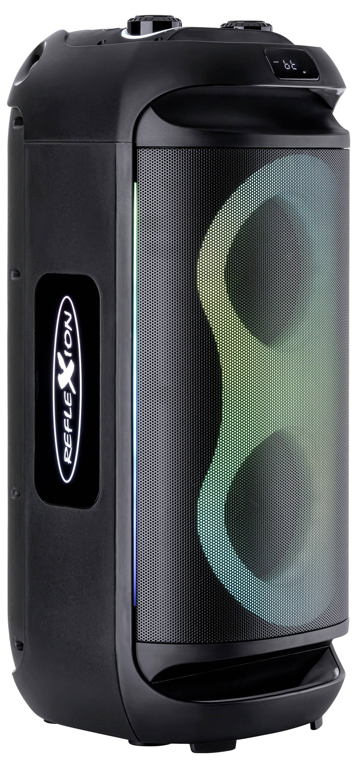 Ein schwarzer Bluetooth-Lautsprecher mit LED-Lichtern an der Vorderseite, geformt wie zwei sich überlappende Kreise, und einem Logo an der Seite.