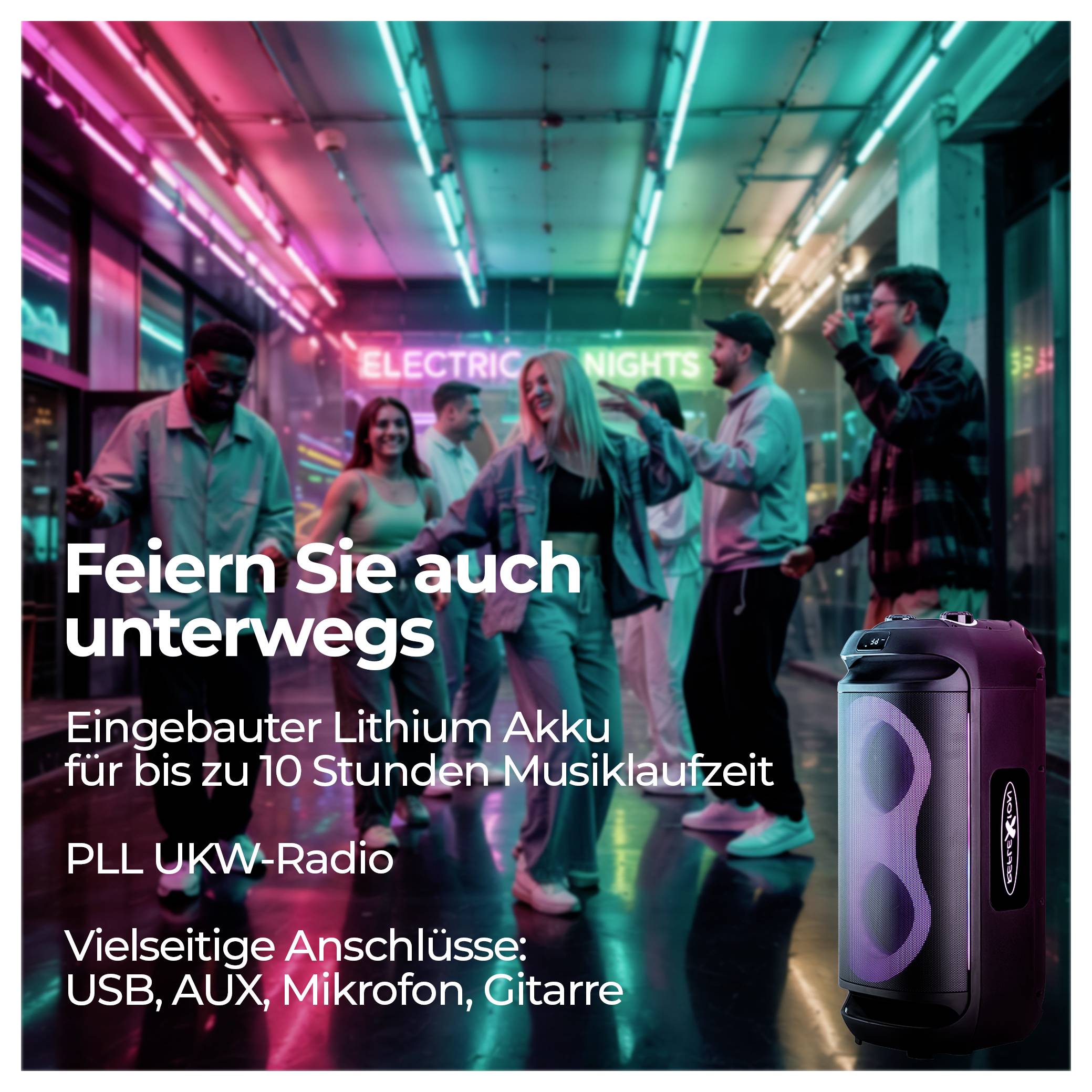 Eine Gruppe von Menschen tanzt neben einem leuchtenden Lautsprecher unter einem Neon-Schild mit der Aufschrift 