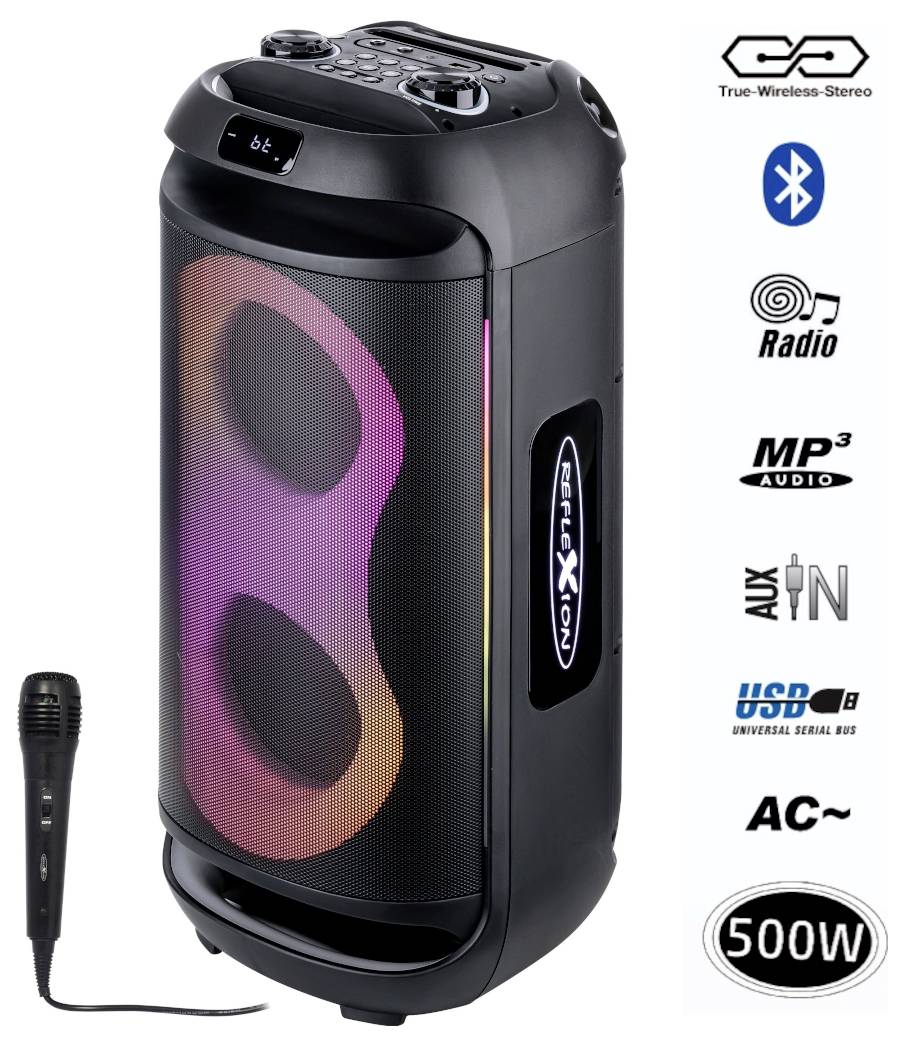 Tragbarer schwarzer Party-Lautsprecher mit Mikrofon, RGB-Frontlichtern und Funktionssymbolen für Bluetooth, Radio, MP3, AUX, USB, Stromversorgung und 500W Ausgangsleistung.