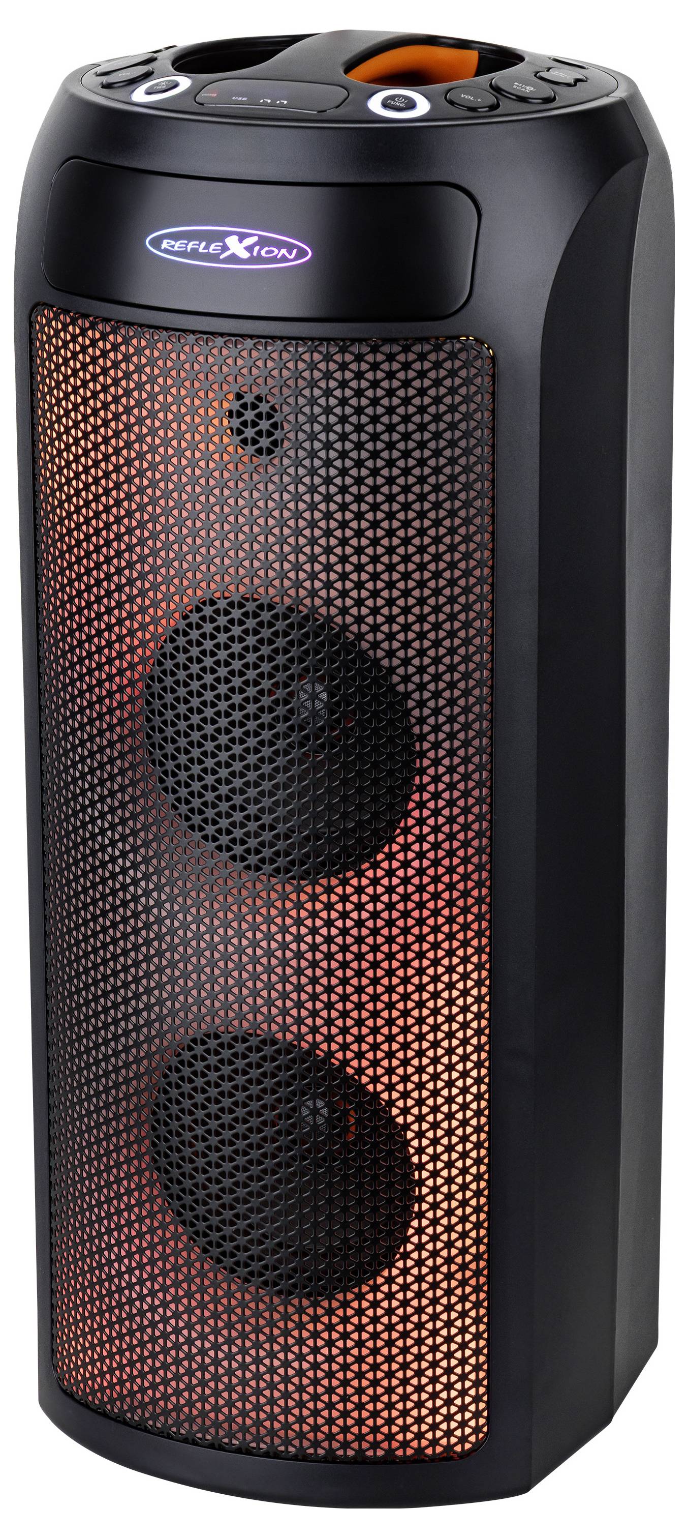 Turmlautsprecher mit schwarzem Gehäuse und orangefarbenen belechteten Gittern, ausgestattet mit Doppellautsprechern, Bedienfeld auf der Oberseite, entwickelt für kraftvollen Sound.