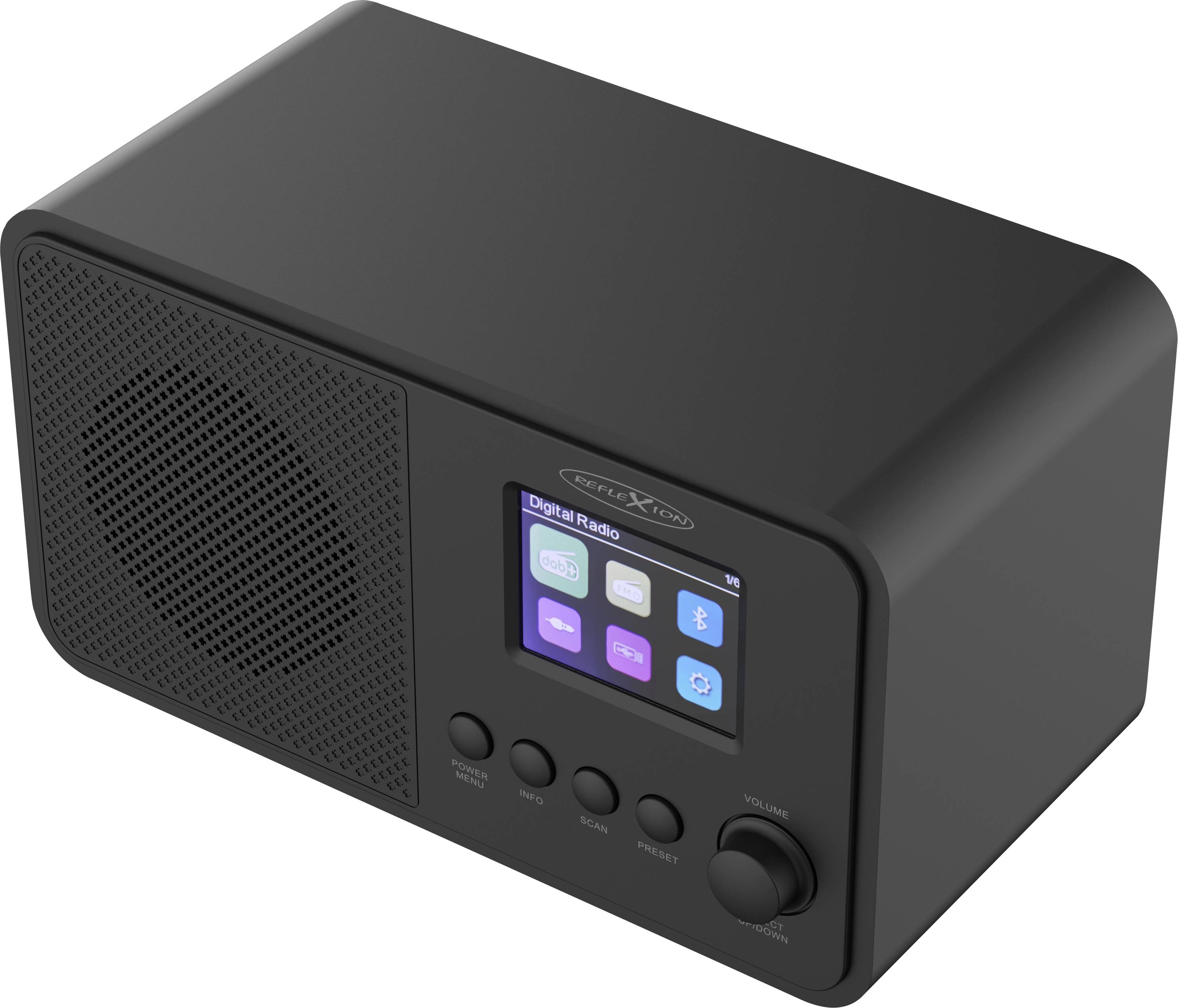 Ein schwarzes digitales Radio mit einem Lautsprecher auf der linken Seite und einer digitalen Anzeige auf der rechten Seite, die Optionen für ‚Digitalradio', Musik und Einstellungen zeigt.