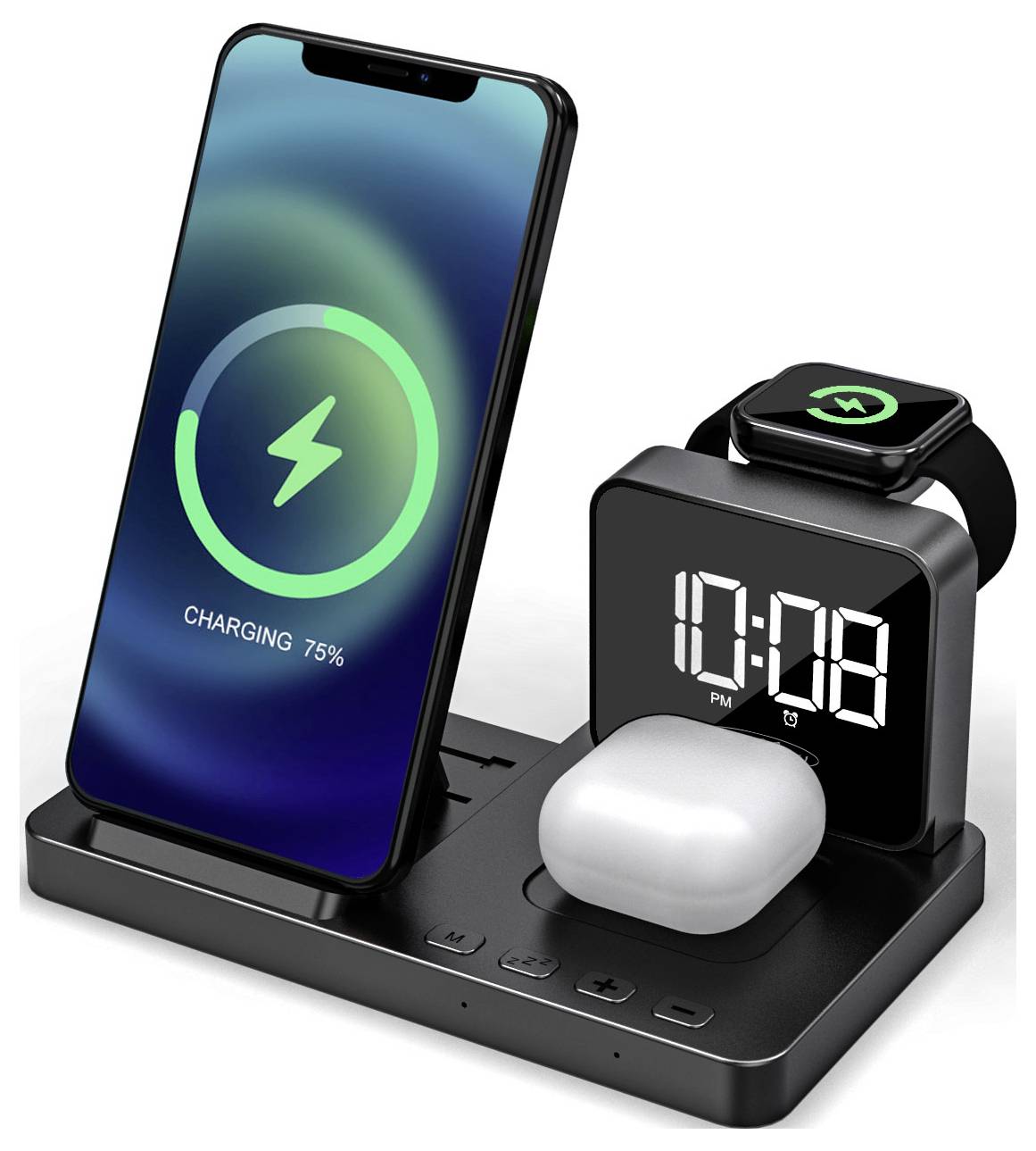 Ein Multifunktions-Ladegerät hält ein Smartphone mit 75% Akkuladung, eine Smartwatch und kabellose Kopfhörer, die alle gleichzeitig geladen werden.