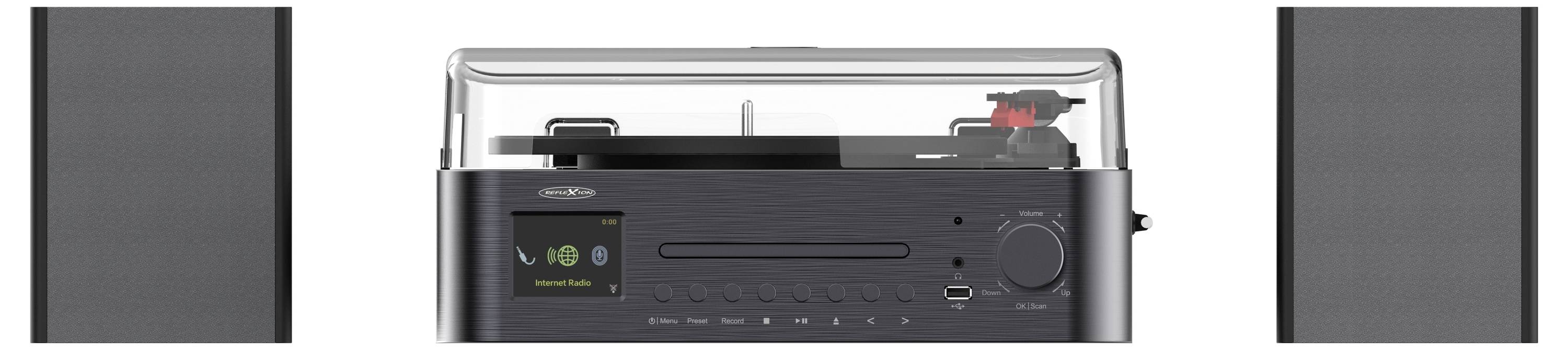 Ein Stereosystem mit Plattenspieler, CD-Player und zwei Lautsprechern. Der Plattenspieler ist geöffnet und spielt eine Schallplatte, während digitale Bedienelemente angezeigt werden.