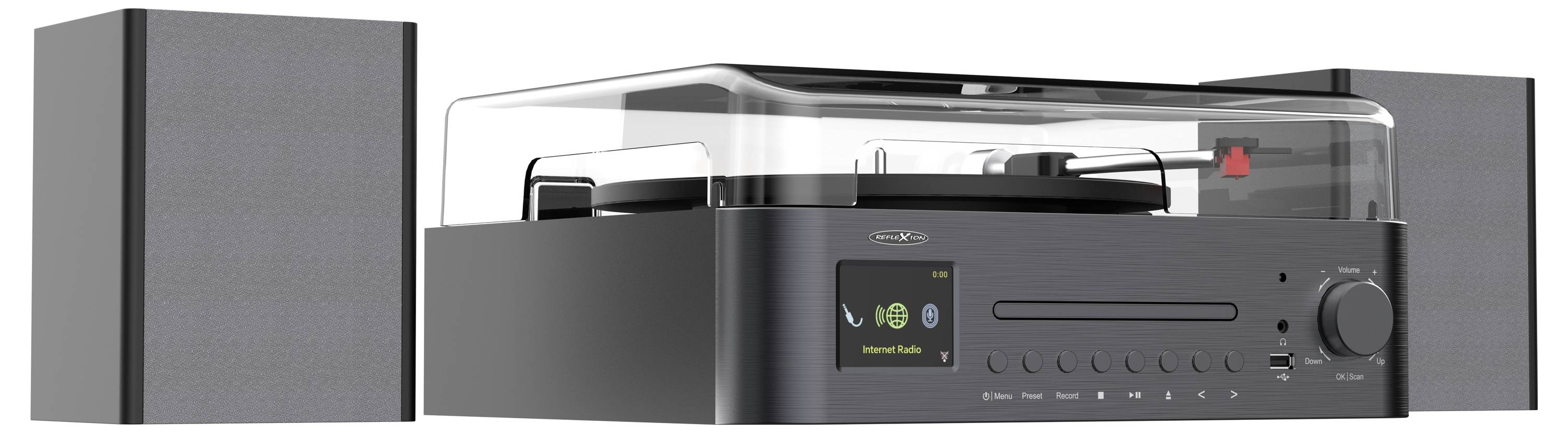 Ein modernes Stereosystem mit einer Zentraleinheit, die eine Plattenspieler, einen Bildschirm und Bedienungsknöpfe umfasst, flankiert von zwei Lautsprechern.