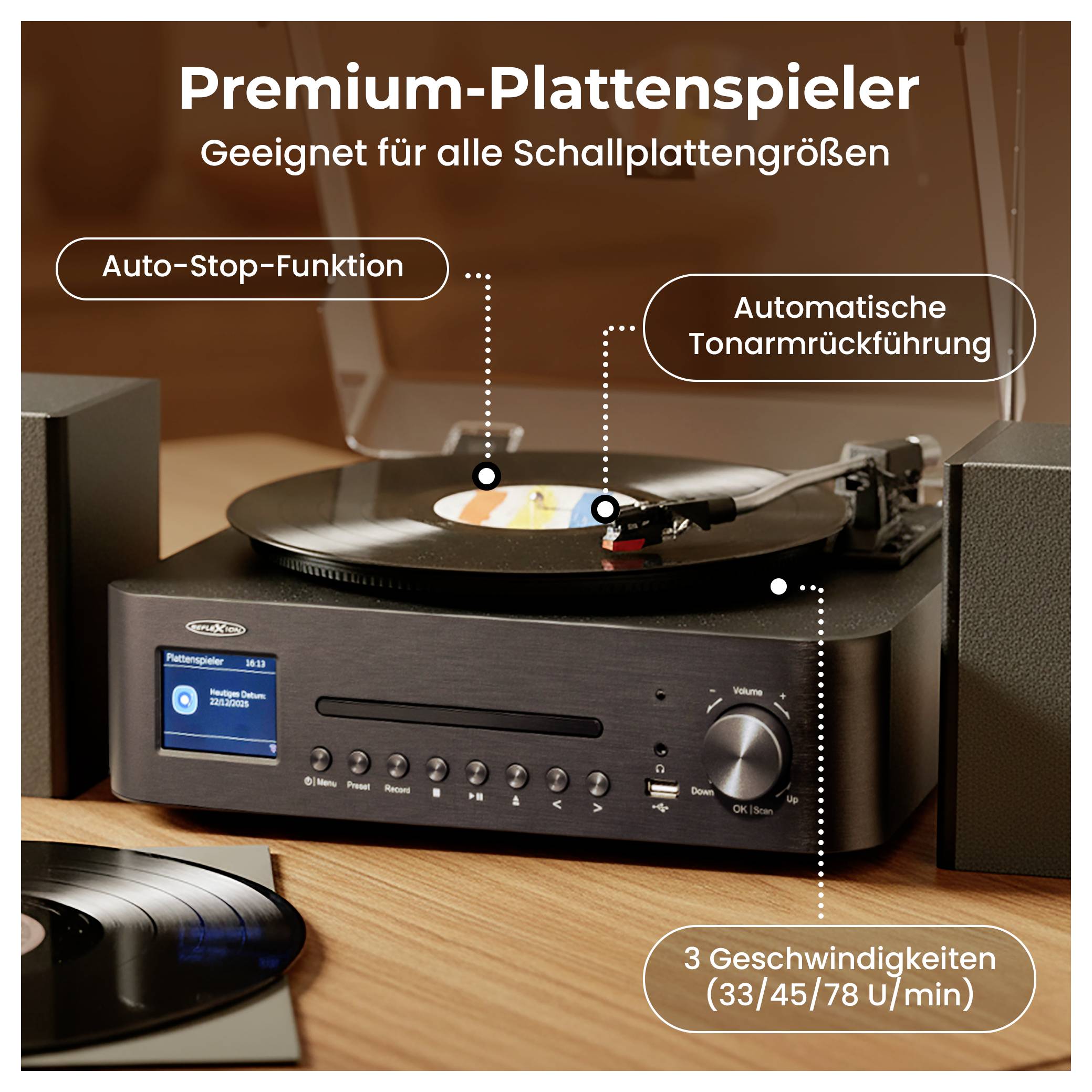 Premium-Plattenspieler mit Tonabnehmer und Lautsprechern; geeignet für alle Schallplattengrößen, mit Auto-Stop, automatischer Tonarmrückführung und 3 Geschwindigkeiten (33/45/78 U/min).