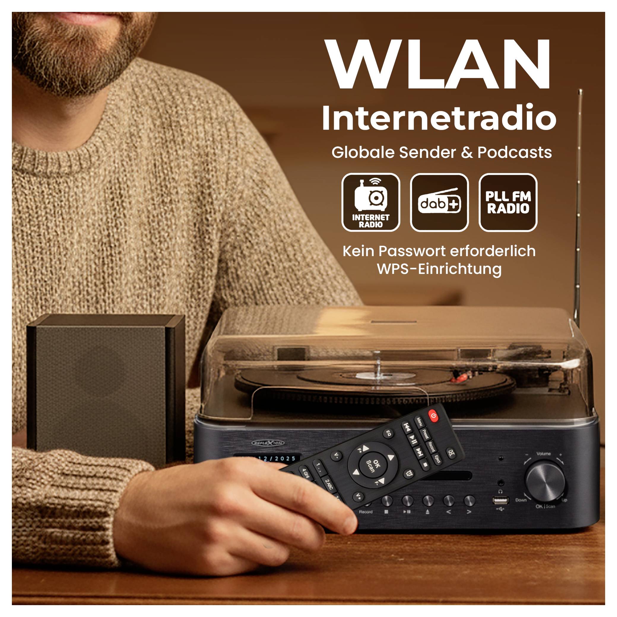 Werbeabbildung eines WLAN-Internetradios mit Plattenspieler und Fernbedienung; Text: 'WLAN Internetradio', 'Globale Sender & Podcasts', 'Kein Passwort erforderlich, WPS-Einrichtung'.