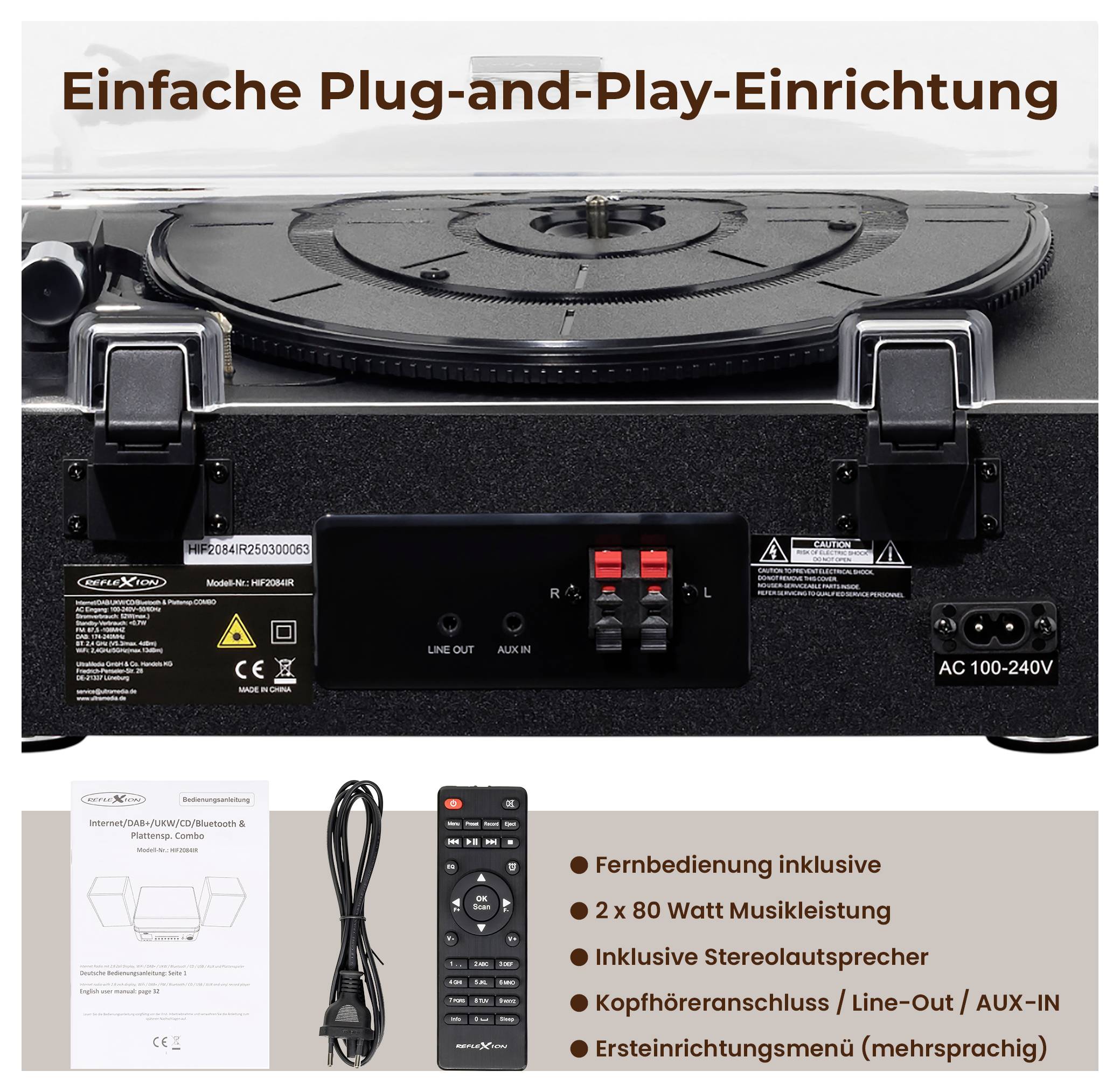 Plattenspieler mit 'Einfache Plug-and-Play-Einrichtung'; Rückseite mit Anschlüssen, Fernbedienung, Netzkabel und Aufzählung von Funktionen wie 2 x 80 Watt, Bluetooth und Kopfhöreranschluss.