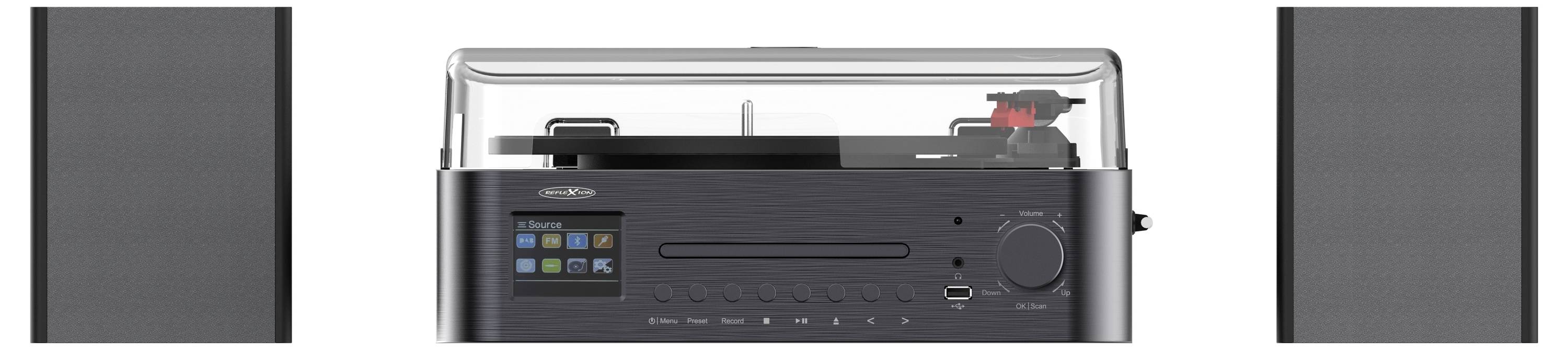 Ein schwarzes Stereosystem mit Plattenspieler, digitaler Anzeige, Tasten und zwei hohen Lautsprechern an beiden Seiten.