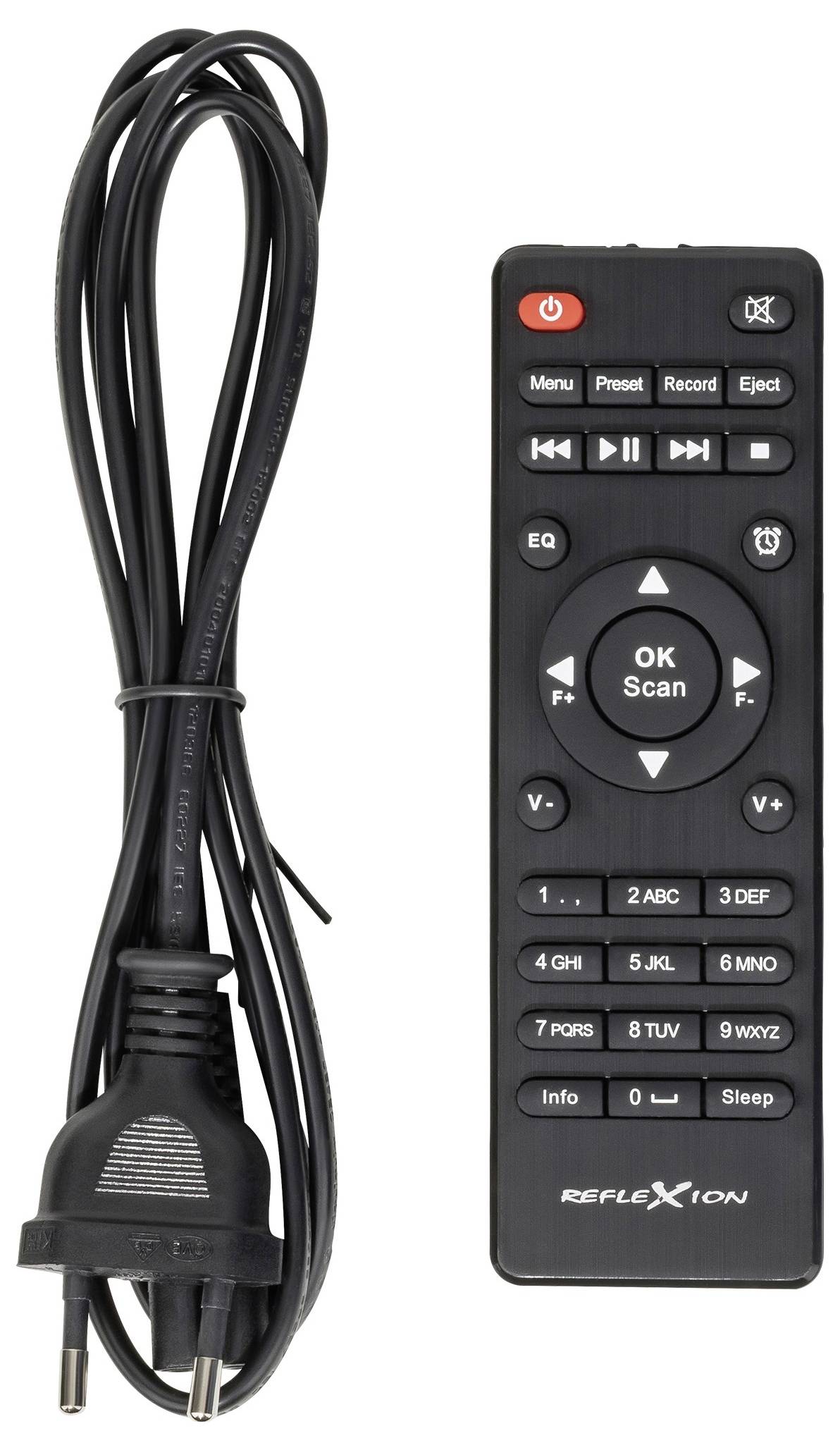Fernbedienung mit Stromkabel und Stecker, wahrscheinlich für ein Reflexion-Gerät, mit Tasten für Menü, Voreinstellung, Aufnahme, Auswerfen, Wiedergabe und Scan.