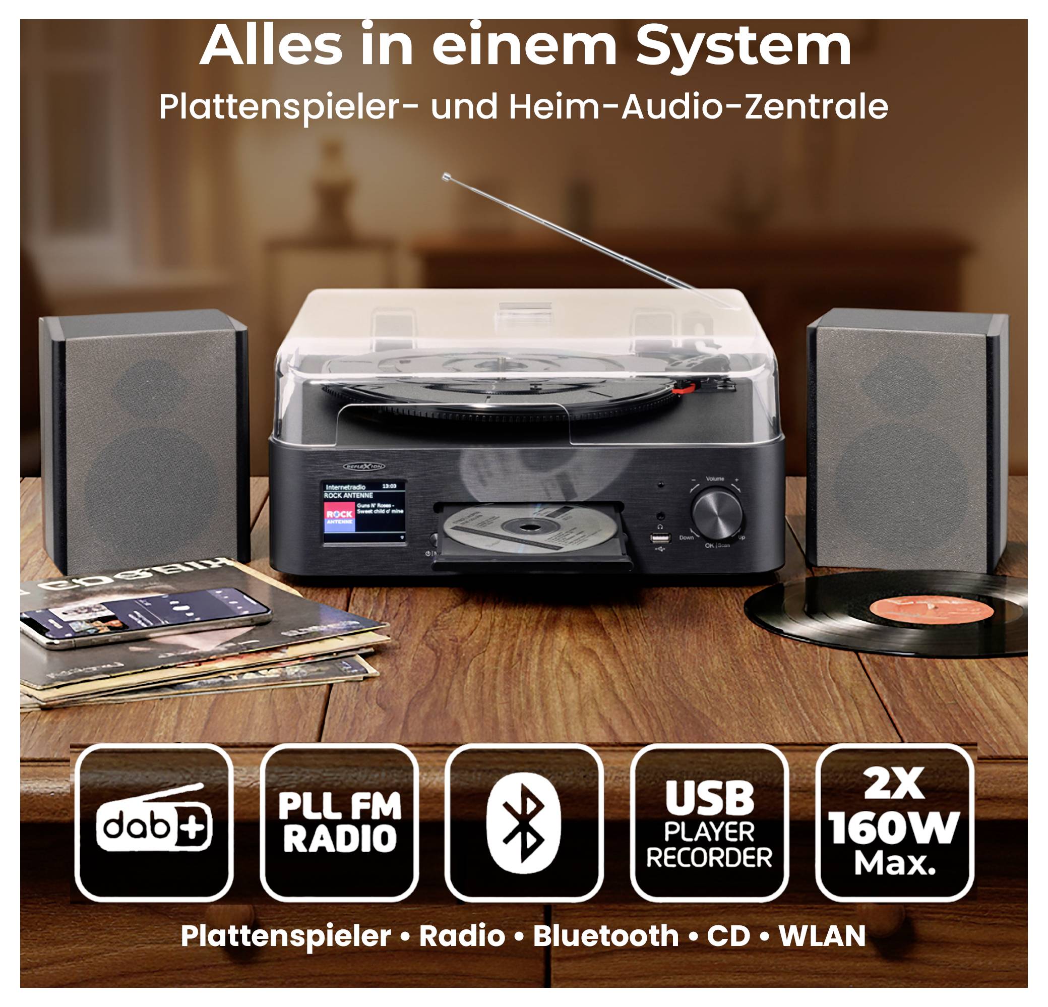 Plattenspieler- und Heim-Audio-Zentrale mit Lautsprechern, Radio, Bluetooth, CD, USB und WLAN; zeigt vielseitiges All-in-one-System.