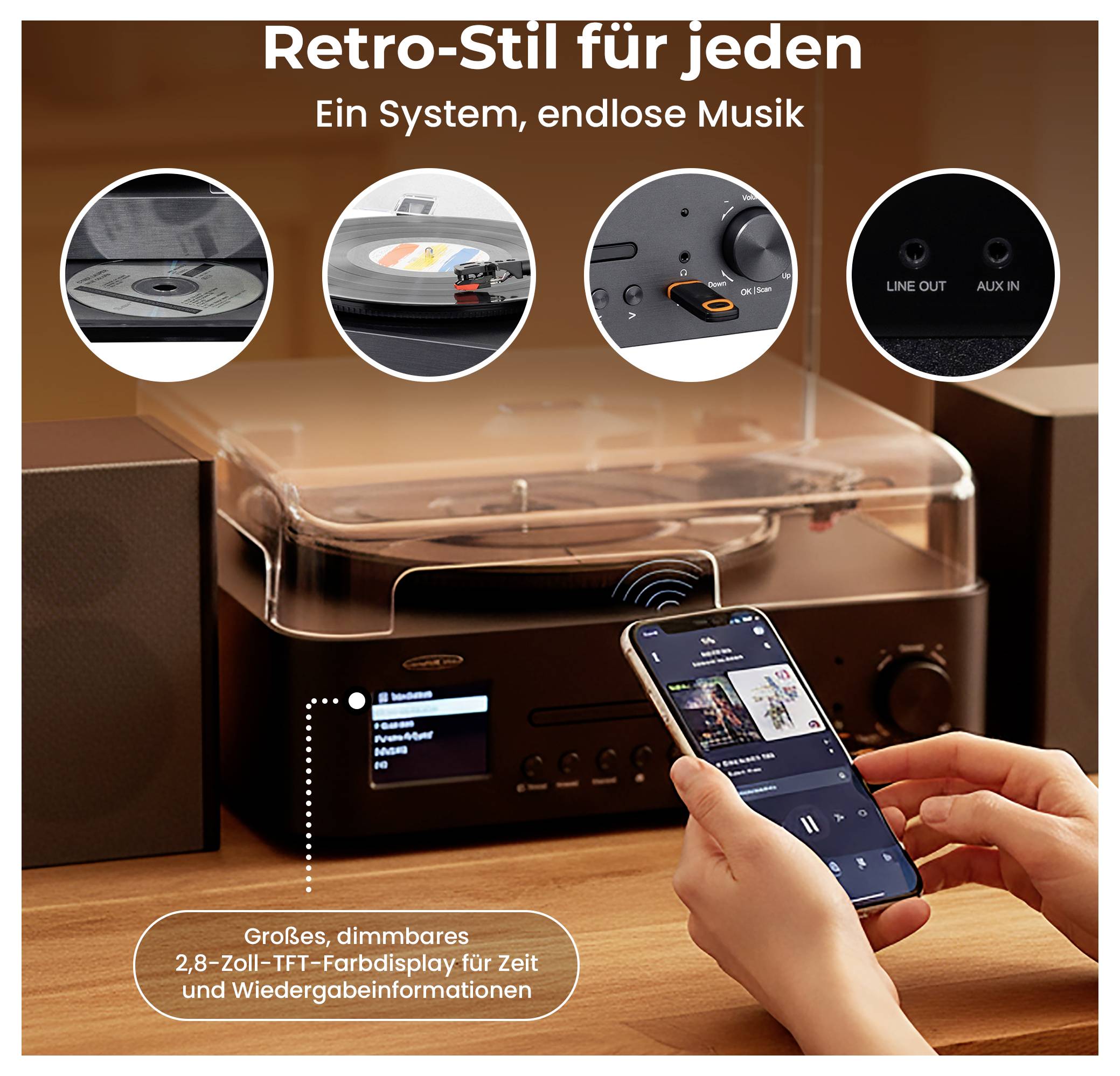 Retro-Style-Musikanlage mit Plattenspieler, Kassettendeck, DAB/CD-ähnlichem Bedienfeld und Smartphone-Steuerung; Text nennt 'Ein System, endlose Musik'