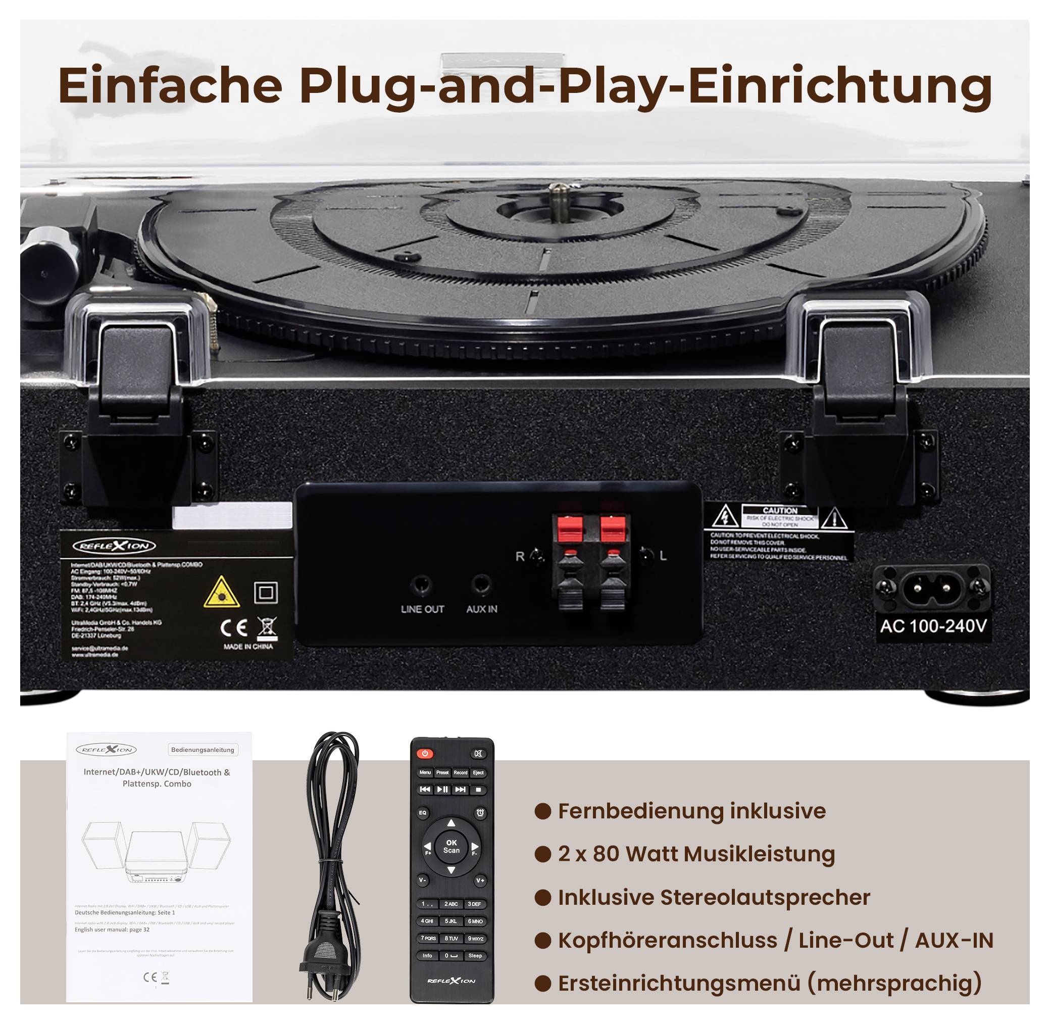 Turntable mit geöffneter Staubschutzhaube; unten Zubehör und Texte: Fernbedienung inklusive, 2 x 80 Watt, Lautsprecher, Kopfhöreranschluss, Line-Out/AUX-IN.