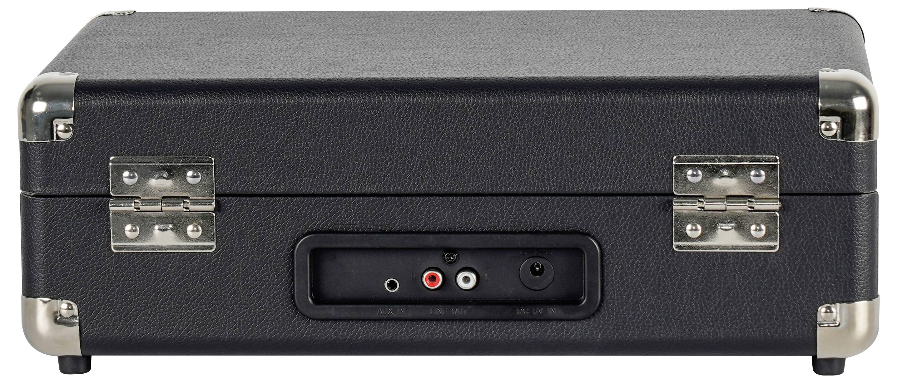 Ein schwarzes, rechteckiges Gehäuse mit Metallecken und Scharnierelemente, das Audio-Ein- und Ausgangsbuchsen an der Seitenwand aufweist.