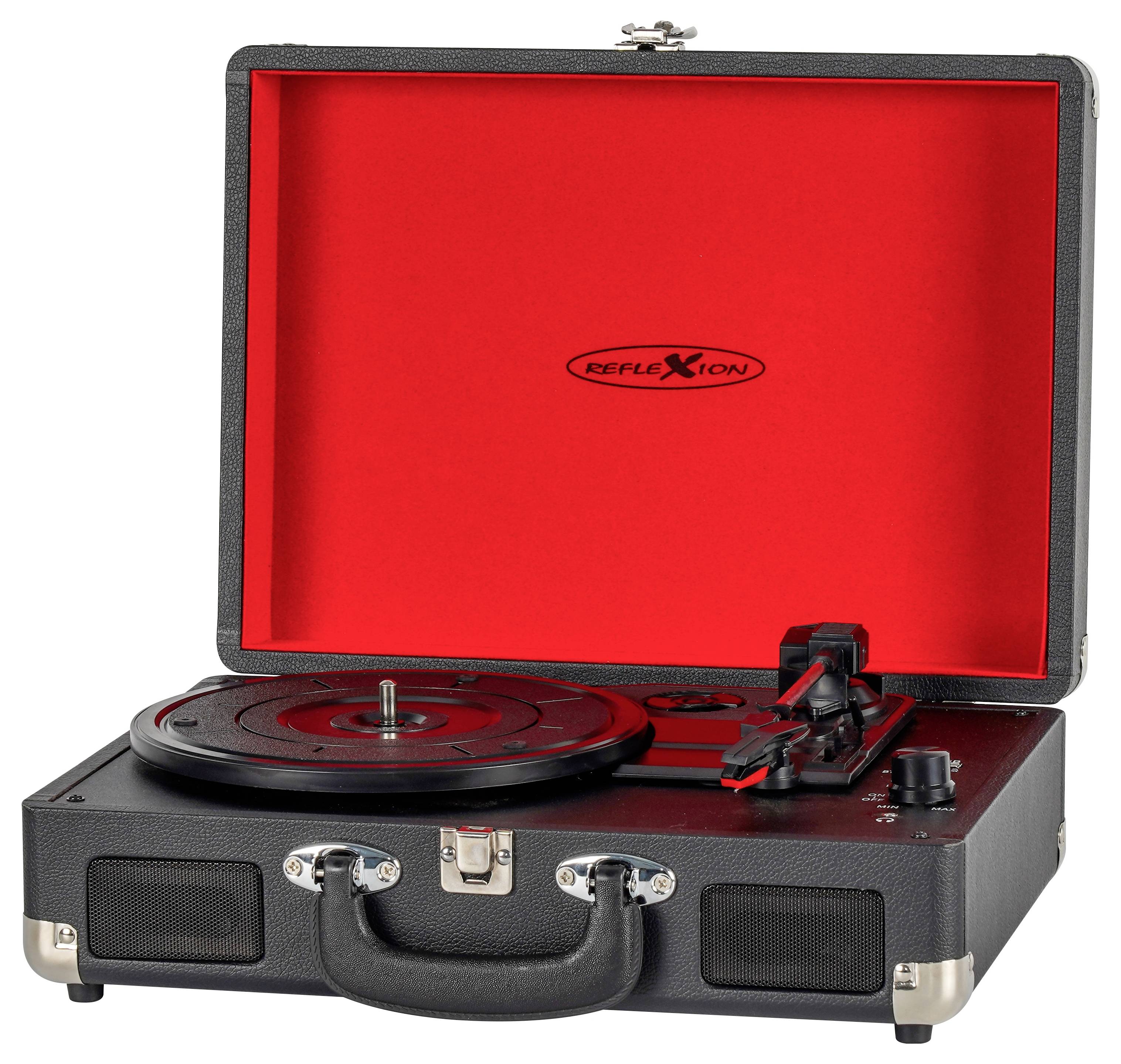 Ein tragbarer Plattenspieler mit offener Haube, der ein helles Rot im Inneren und einen Plattenteller freilegt. Der Markenname 'Reflexion' ist im Inneren sichtbar.