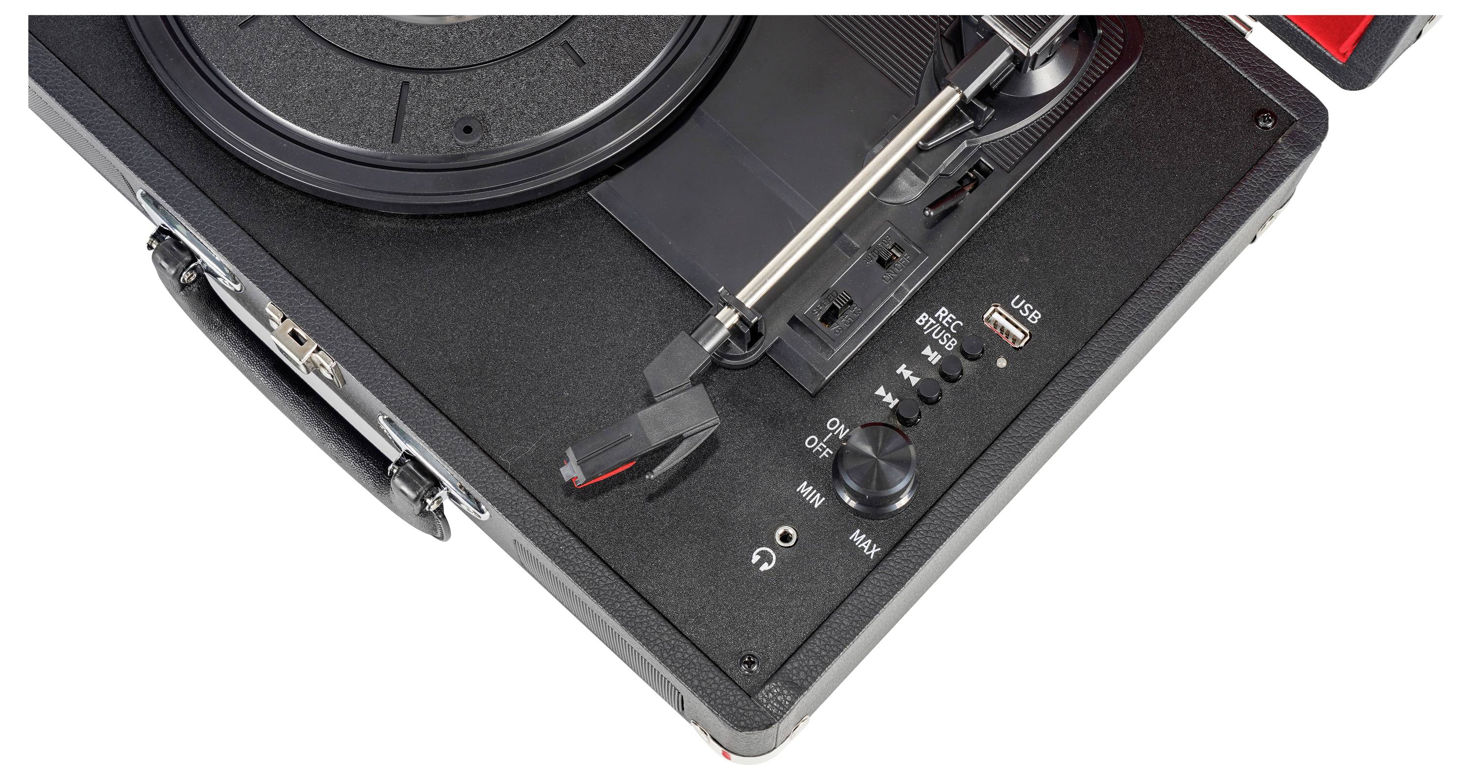 Eine Nahaufnahme eines Plattenspielers mit Tonarm, Bedienknöpfen und USB-Anschluss, in einem schwarzen Gehäuse.