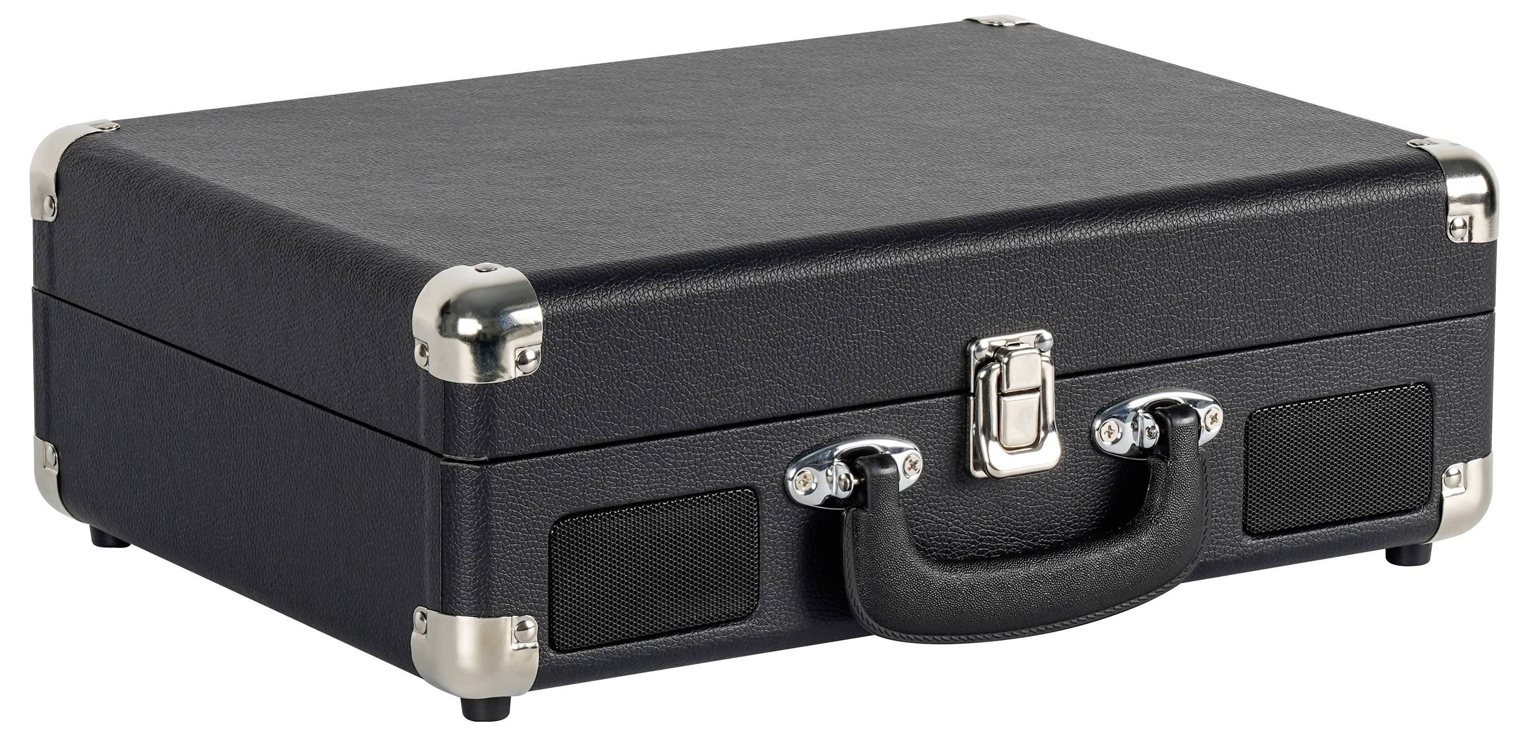 Ein schwarzer rechteckiger Koffer mit Metalleckenschutz und einem Verschluss ist geschlossen. Er verfügt über einen robusten Griff und wirkt kompakt und transportabel.