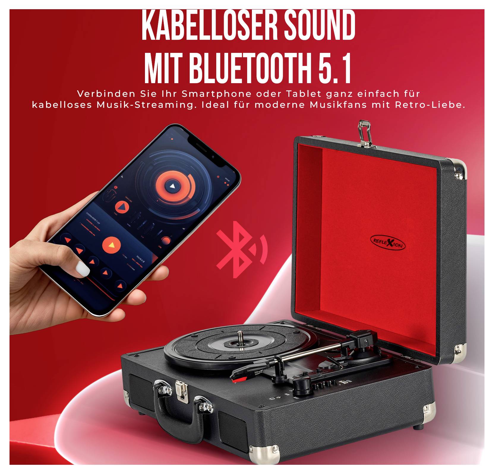 Werbung für einen tragbaren Plattenspieler: Smartphone steuert kabellosen Sound per Bluetooth 5.1; Text betont einfache Verbindung und Retro-Musik-Streaming.