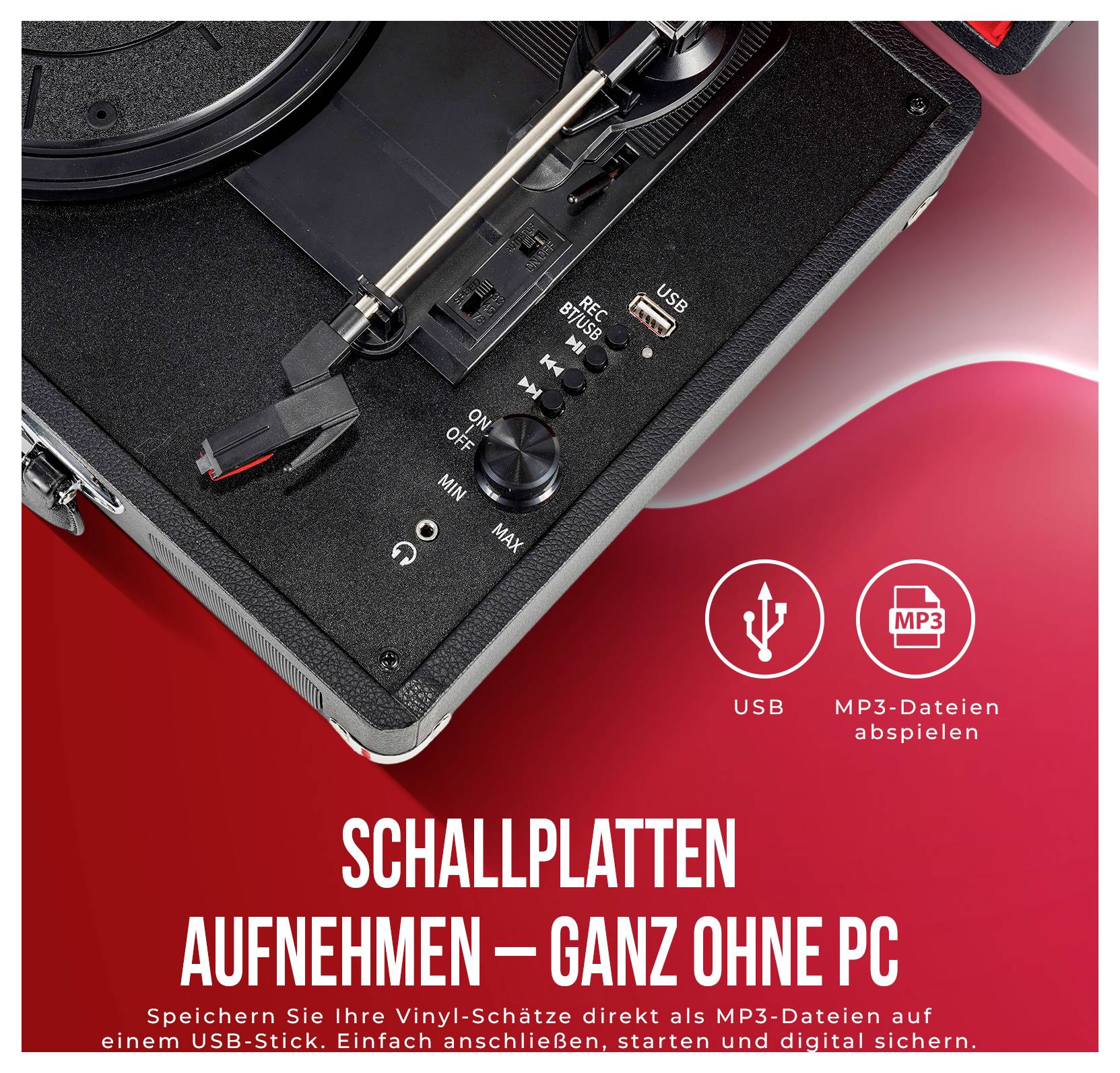 Werbung für einen Plattenspieler mit USB-Anschluss: Schallplatten ohne PC als MP3-Dateien auf USB-Stick aufnehmen.