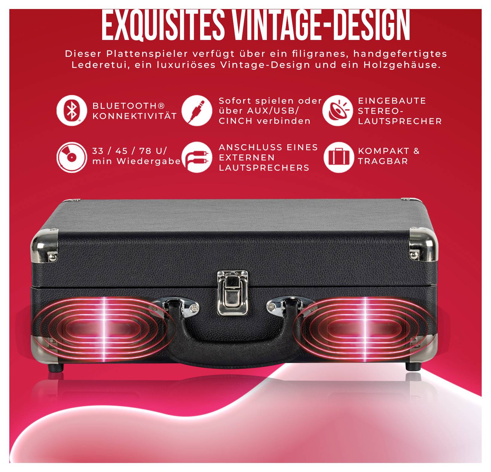 Werbeplakat eines tragbaren Plattenspielers im Vintage-Kofferdesign mit 'EXQUISITES VINTAGE-DESIGN' und Symbolen für Bluetooth, USB/Cinch, Stereo-Lautsprecher und bis zu 78 U/min.