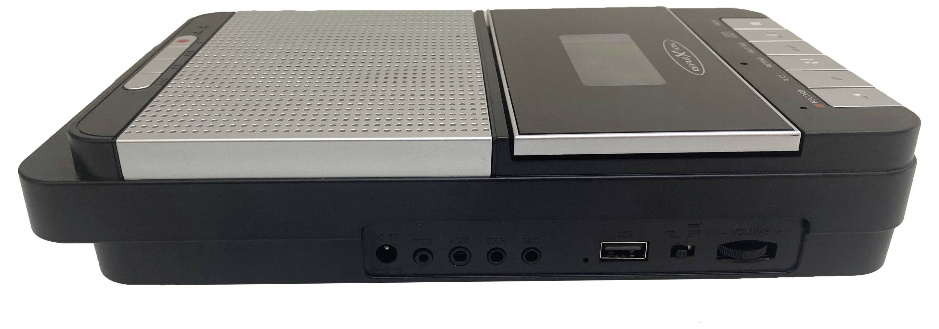 „Ein schwarzer und silberner Kassettenrekorder mit Bedienungstasten an der Seite und einer Frontplatte mit Lautsprechergitter und Kassettendeck.