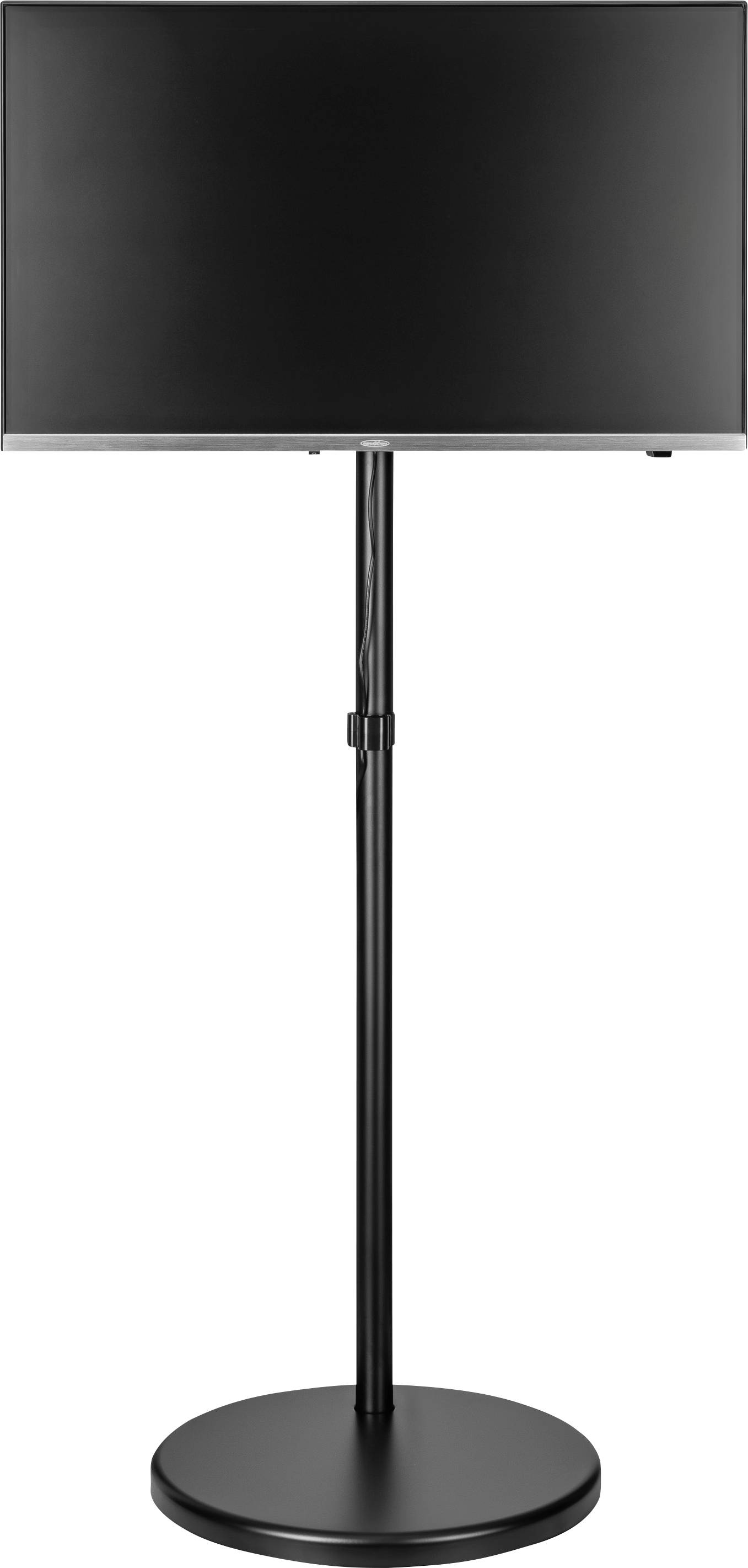 Eine hohe, schwarze Stehlampe mit einem zylindrischen Lampenschirm, die auf einer runden Basis steht und sich hervorragend für moderne Wohn- oder Büroeinrichtungen eignet.