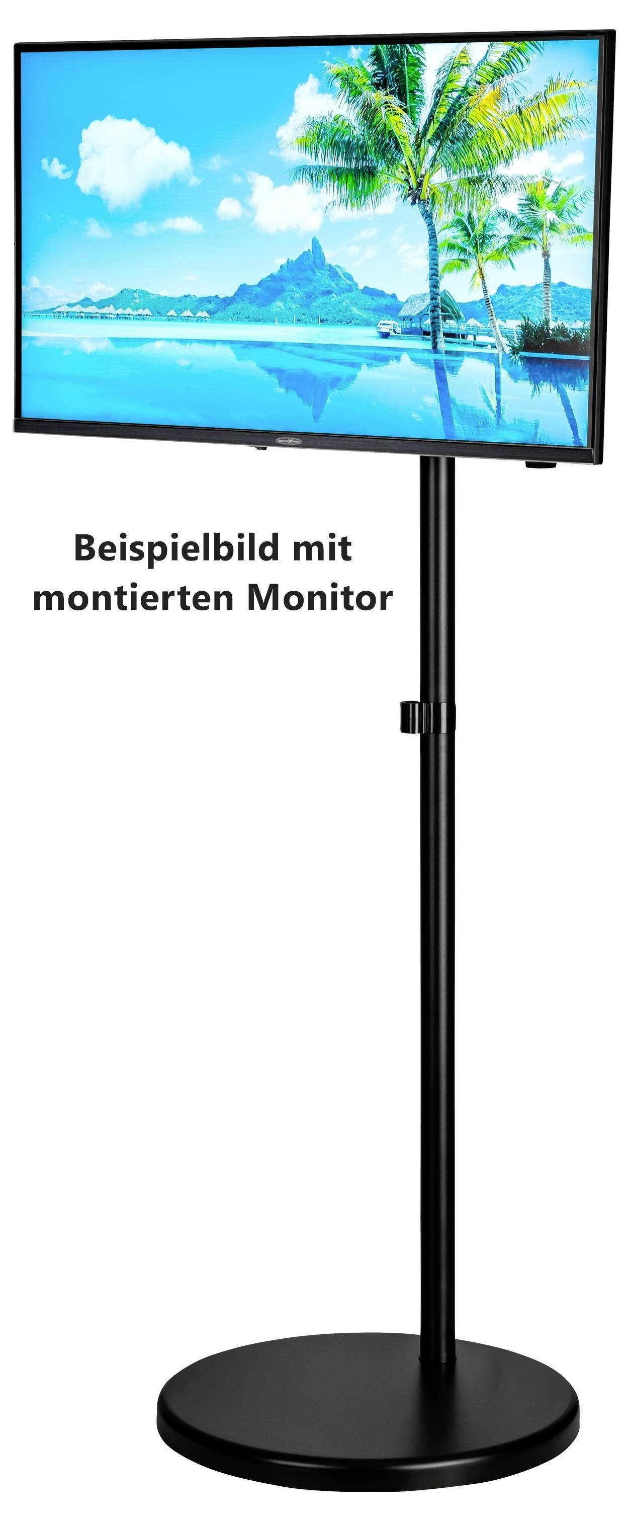 Ein schwarzer Monitorständer hält einen Bildschirm, der eine tropische Strand-Szene mit Palmen, Bergen und blauem Himmel zeigt. Deutscher Text liest sich: "Beispielbild mit montiertem Monitor."