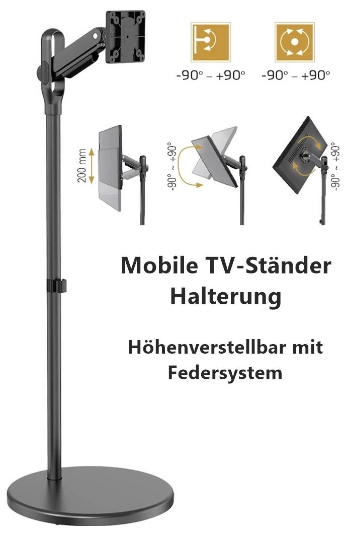 Mobiler TV-Ständer mit Halterung und verstellbarer Höhe und Schwenkfunktion. Ermöglicht eine Neigung von -90° bis +90°. Höhe ist mit 200 mm angegeben.