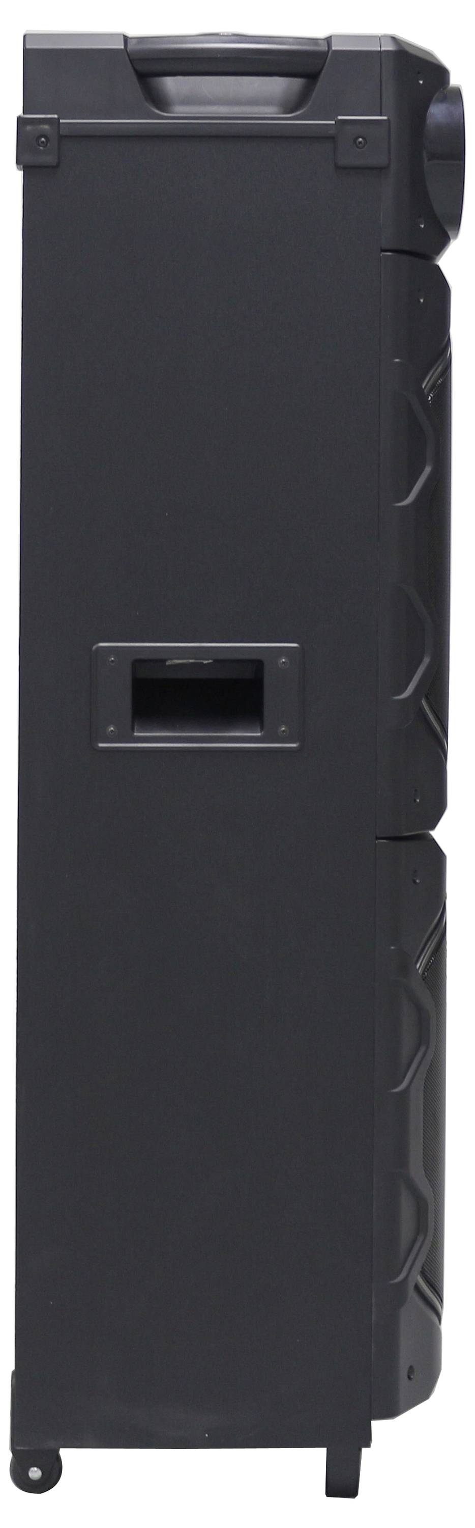 Ein hoher, schwarzer Lautsprecher-Turm mit seitlichem Griff und Rollen für einfachen Transport.