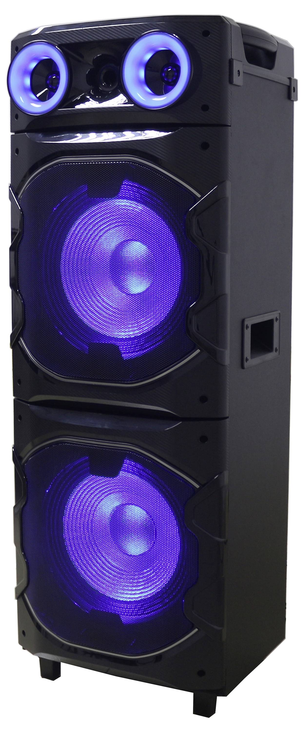 Ein hoher schwarzer Lautsprecher mit zwei großen, violett beleuchteten Tieftönern und zwei kleineren, blau beleuchteten Ringen oben, ausgestattet mit seitlichen Griffen.