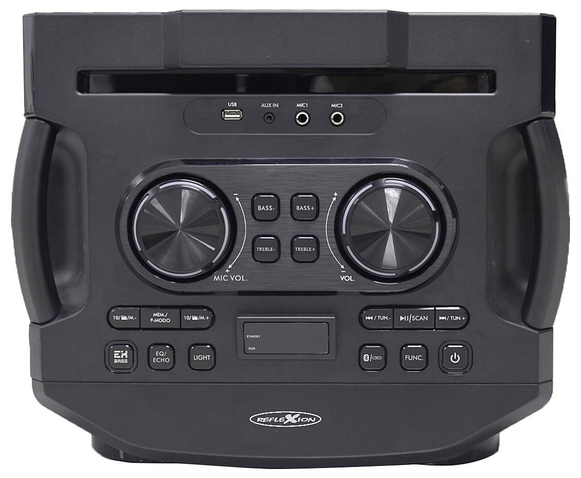 Ein schwarzes portables Lautsprechersystem mit zwei großen Lautstärkereglern, mehreren Tasten, USB- und Mikrofonbuchsen auf der Frontplatte.