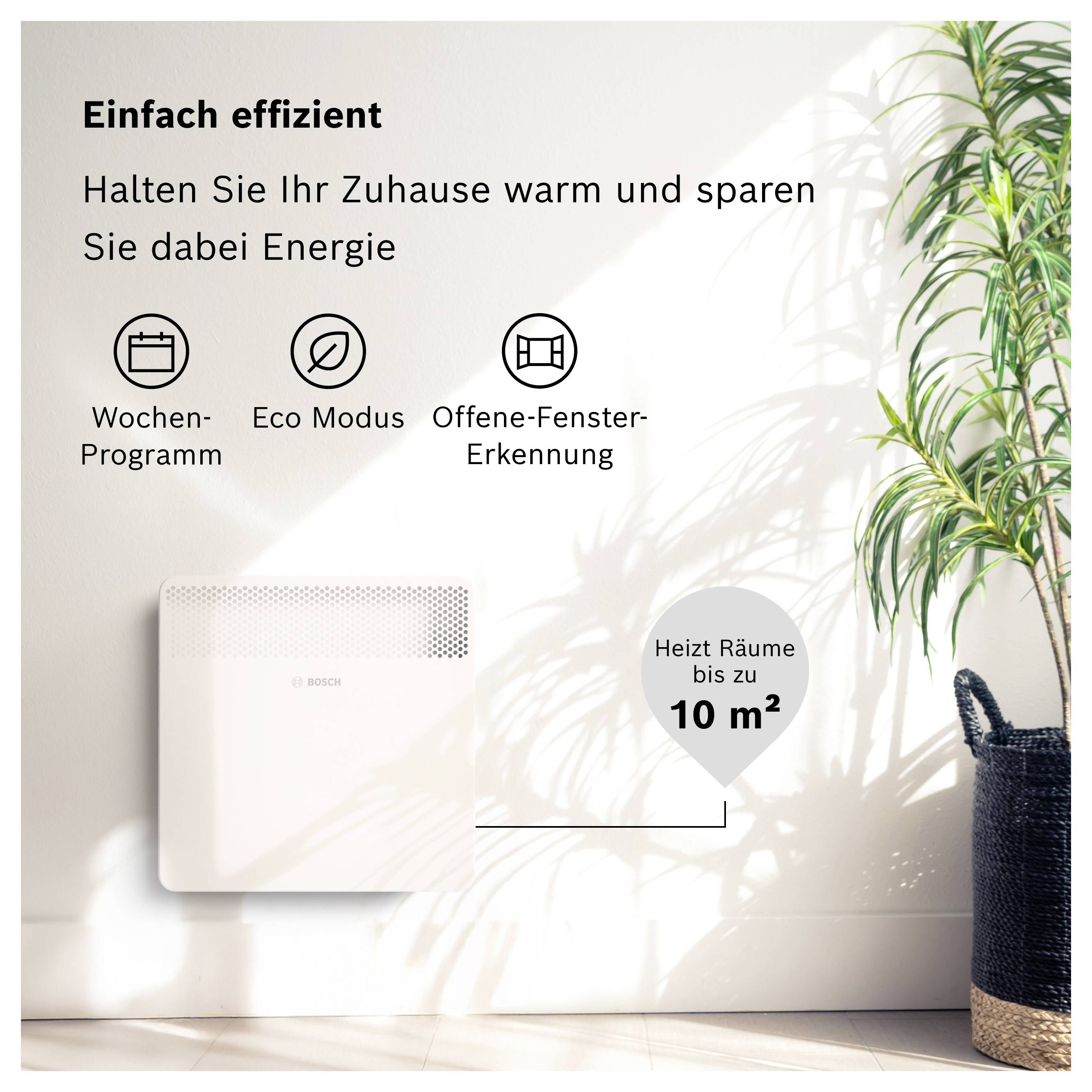Ein Wandthermostat mit der Aufschrift 'Einfach effizient', bietet Funktionen wie Wochen-Programm, Eco-Modus und offene-Fenster-Erkennung. Heizt Räume bis zu 10 m². Links ein Thermostat, rechts eine Pflanze.