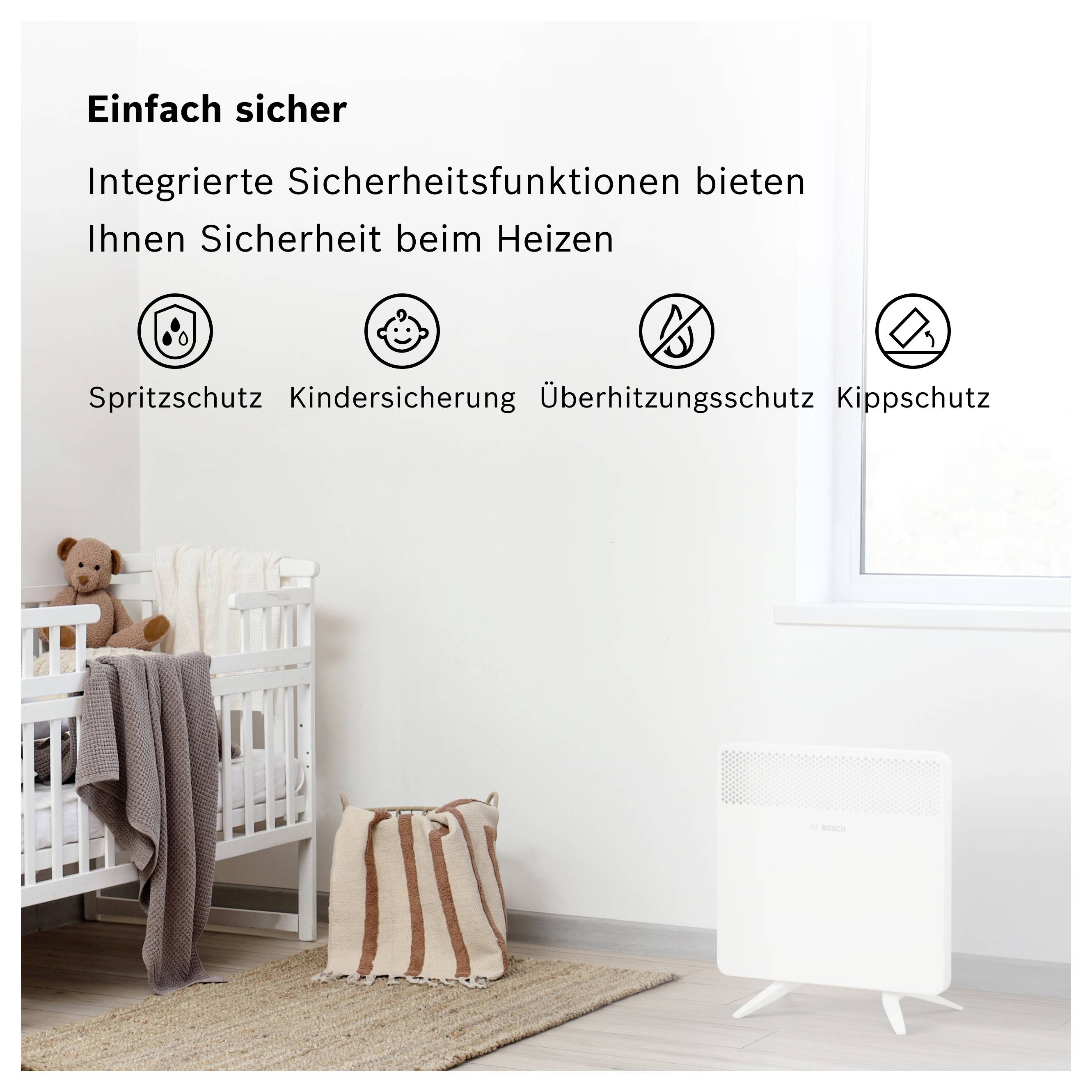 Kindersicheres Kinderzimmer mit Heizung. Sicherheit: Spritz-, Kindersicherung, Überhitzungs- und Kippschutz.