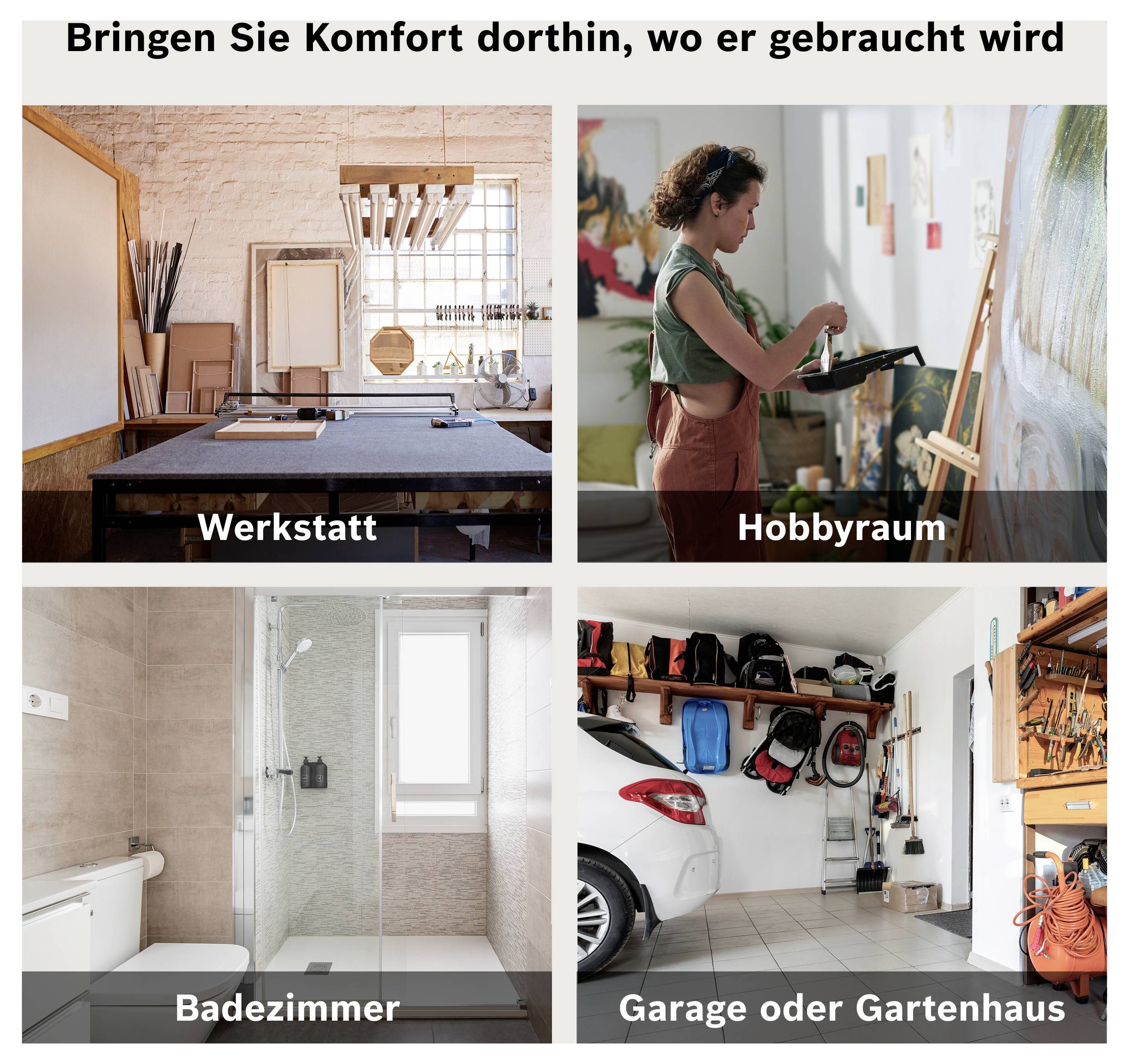 'Bringen Sie Komfort dorthin, wo er gebraucht wird': Bilder von Werkstatt, Hobbyraum, Badezimmer und Garage oder Gartenhaus. Hauptfokus auf vielseitigen Nutzungsmöglichkeiten.