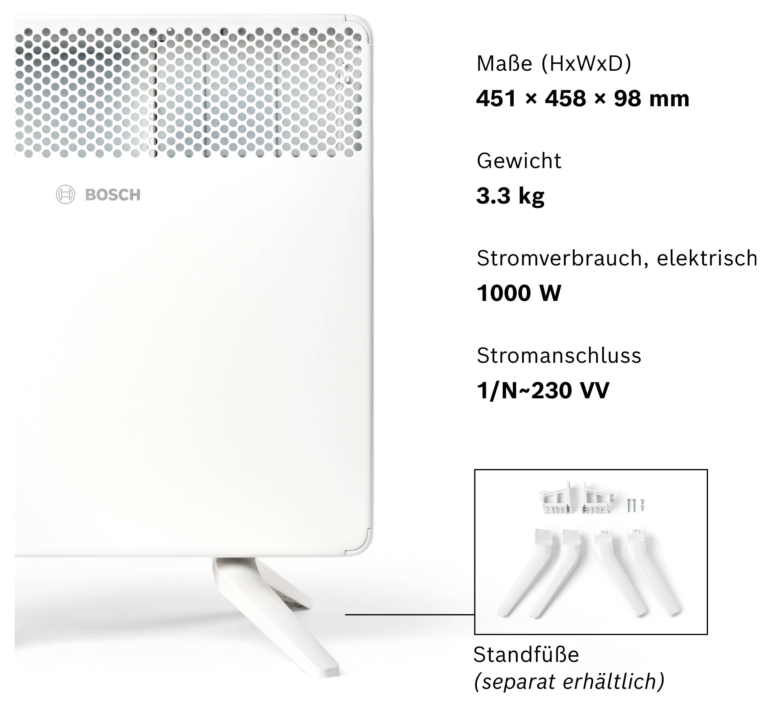 Ein weißer Heizkörper von Bosch steht auf Ständern. Technische Daten: Größe 451x458x98 mm, Gewicht 3,3 kg, Verbrauch 1000 W.