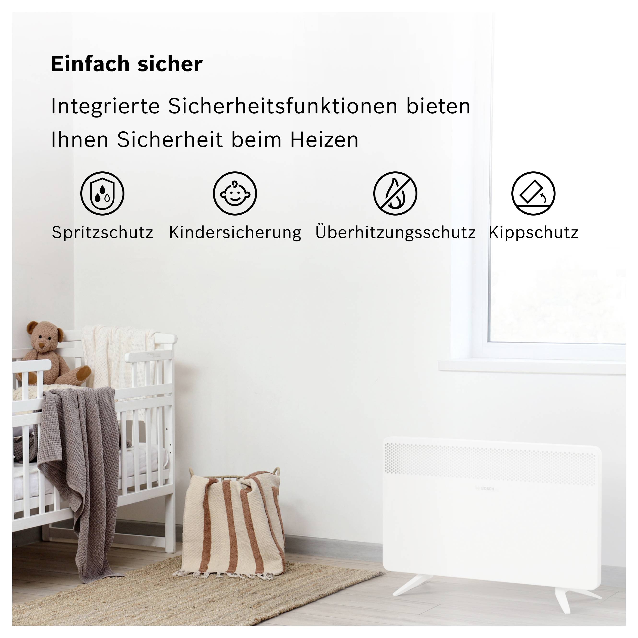 Ein Raum mit einem Kinderbett, einem Stofftier und einem Heizgerät. Text: 'Einfach sicher. Integrierte Sicherheitsfunktionen bieten Ihnen Sicherheit beim Heizen'. Symbole für Spritzschutz, Kindersicherung, Überhitzungsschutz, Kippschutz.