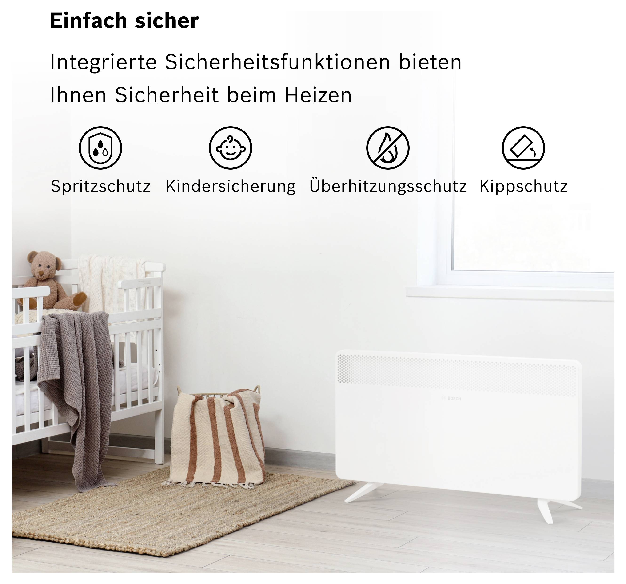 Ein Kinderzimmer mit einem Heizgerät auf dem Boden. Text oben erwähnt Sicherheitsfunktionen: Spritzschutz, Kindersicherung, Überhitzungsschutz, Kippschutz.