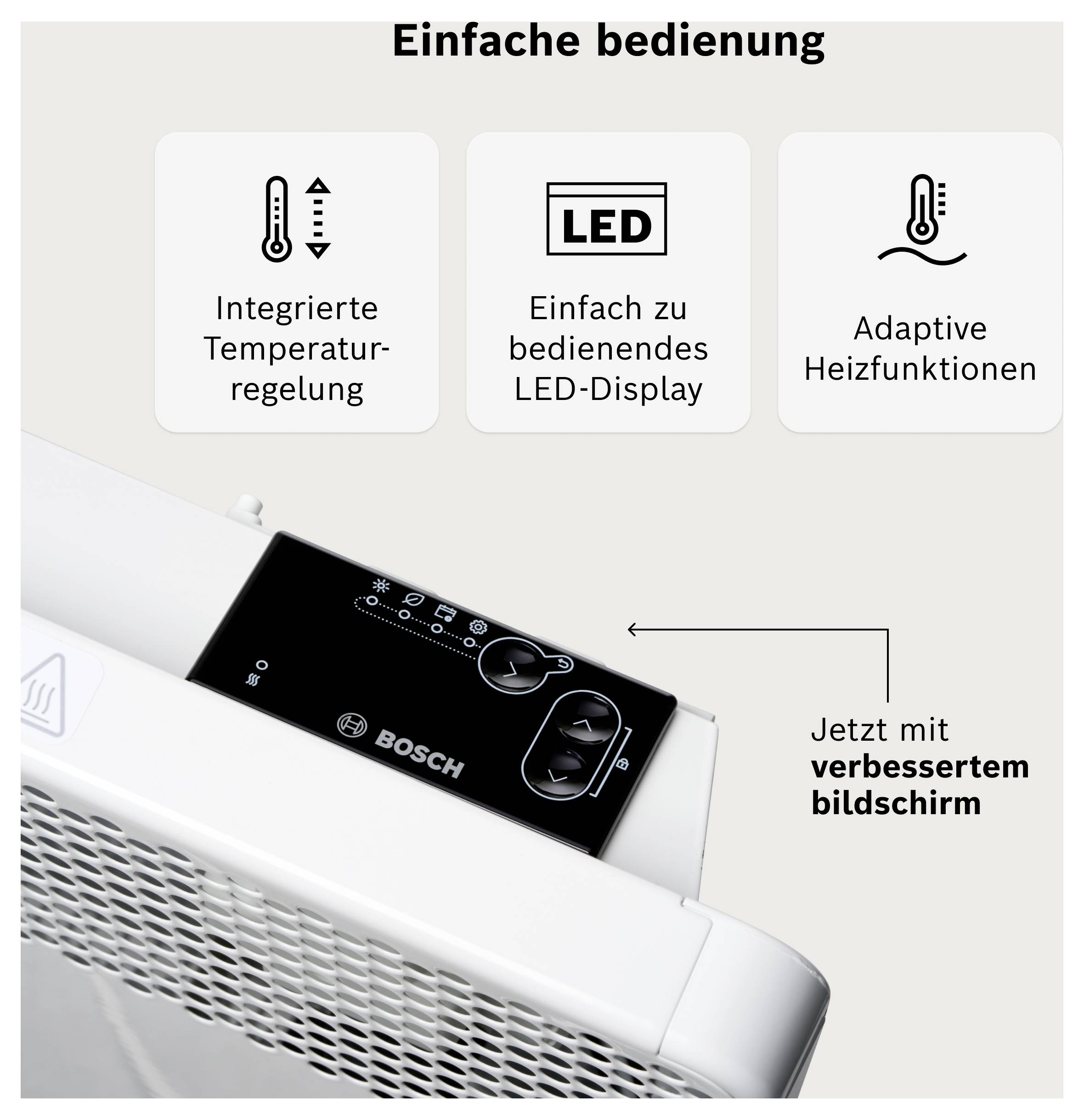 Ein Konvektor-Heizgerät mit verbessertem Bildschirm zeigt ein LED-Display. Drei Symbole darüber: Temperaturregelung, LED-Display und adaptive Heizfunktionen.