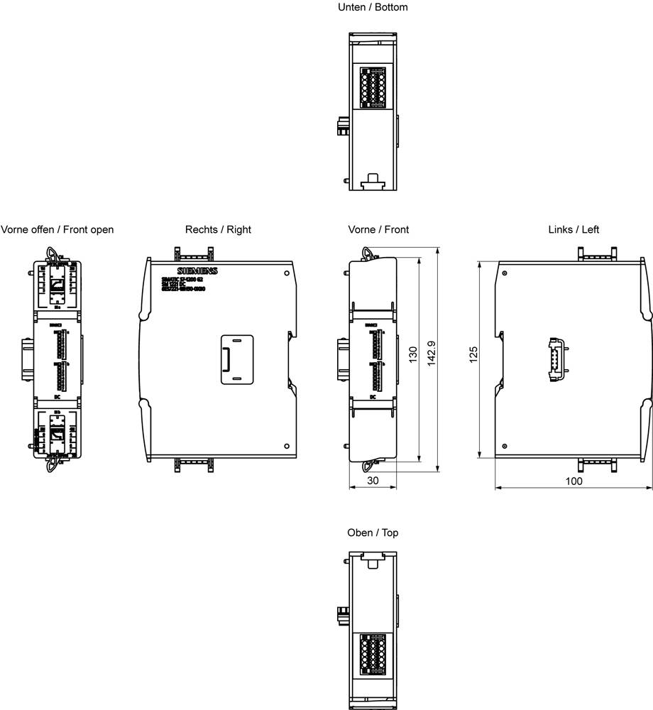 Technische Zeichnung eines elektronischen Geräts mit beschrifteten Ansichten: Vorderseite offen, rechts, Vorderseite, links, Unterseite und Oberseite. Abmessungen sind angegeben.