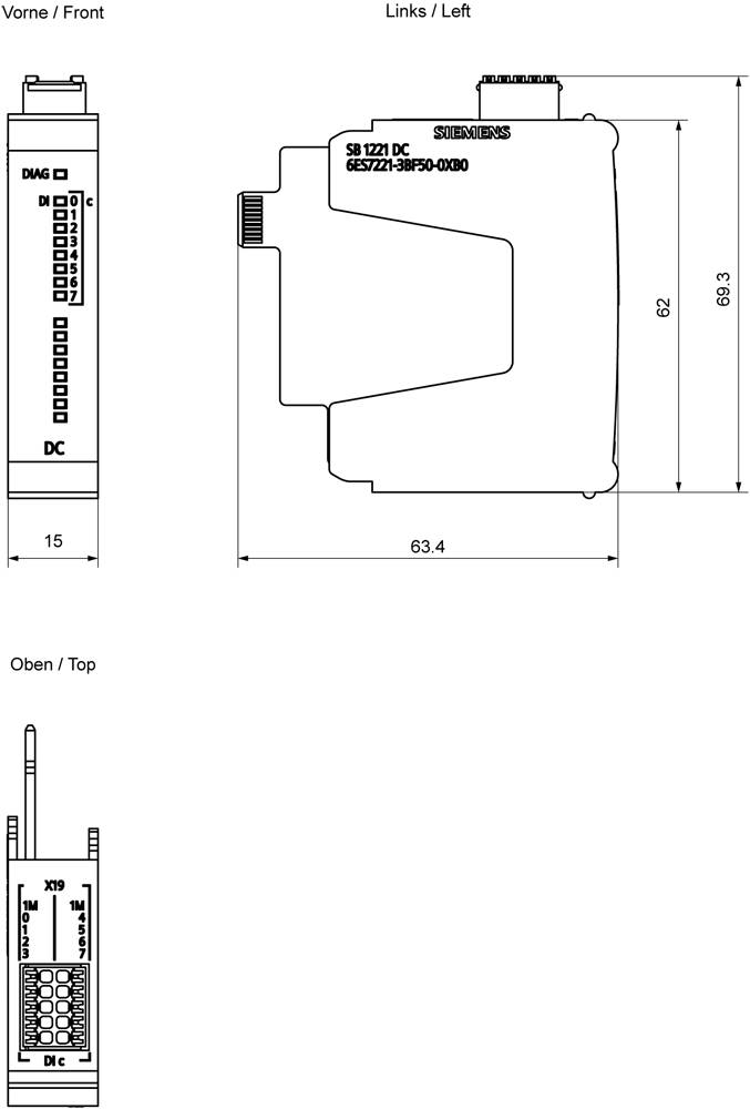 Die Abbildung zeigt technische Zeichnungen eines elektronischen Geräts mit Abmessungen. Front-, Links- und Draufsicht sind beschriftet, mit Maßangaben in Millimetern.