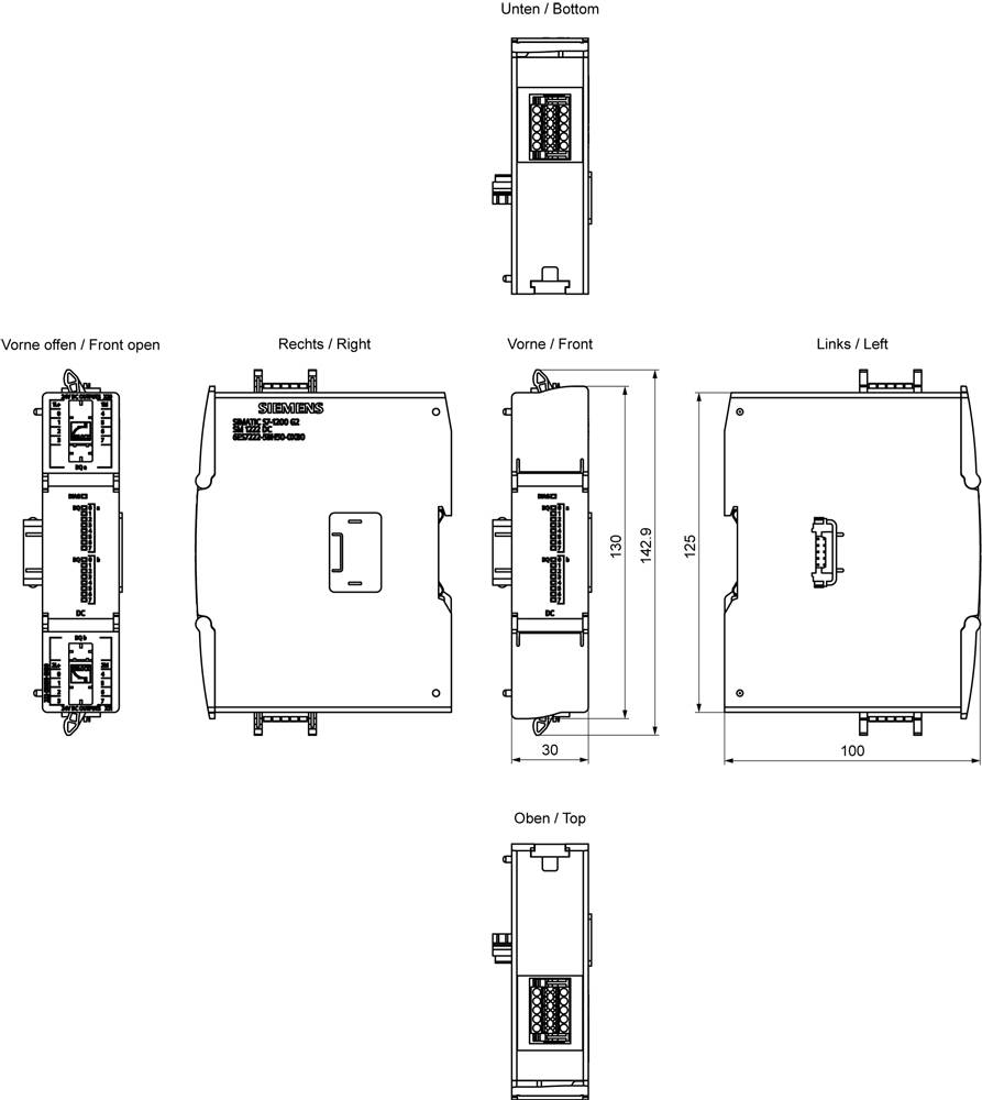 Technische Zeichnung eines Geräts mit gekennzeichneten Ansichten: Vorderseite offen, rechts, Vorderseite, links, Oberseite und Unterseite. Abmessungen sind in der Vorderansicht vermerkt.