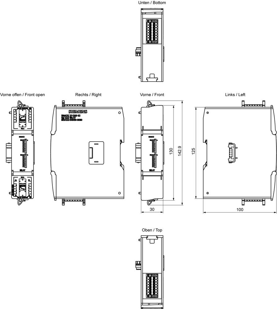 5-seitiges technisches Diagramm eines Geräts mit Maßangaben und Anschlussplatzierungen. Ansichten beschriftet: Oberseite, Unterseite, Links, Rechts, Vorderseite.