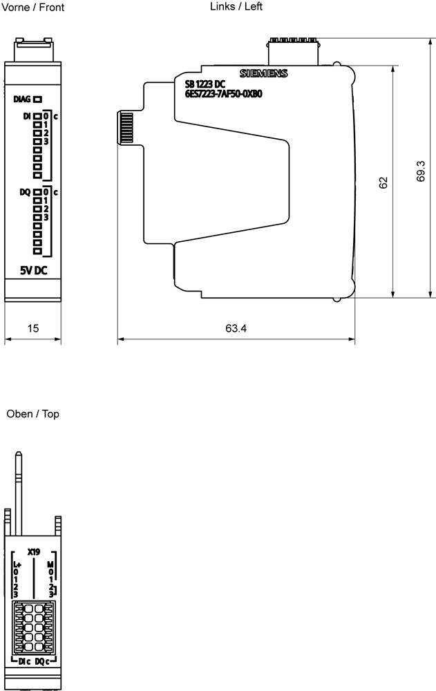 Diagramm des SB 1223 DC-Geräts mit Abmessungen: Frontansicht 69,3x15 mm, Seitenansicht 69,3x15x63,4 mm, Draufsicht Breite 62 mm.